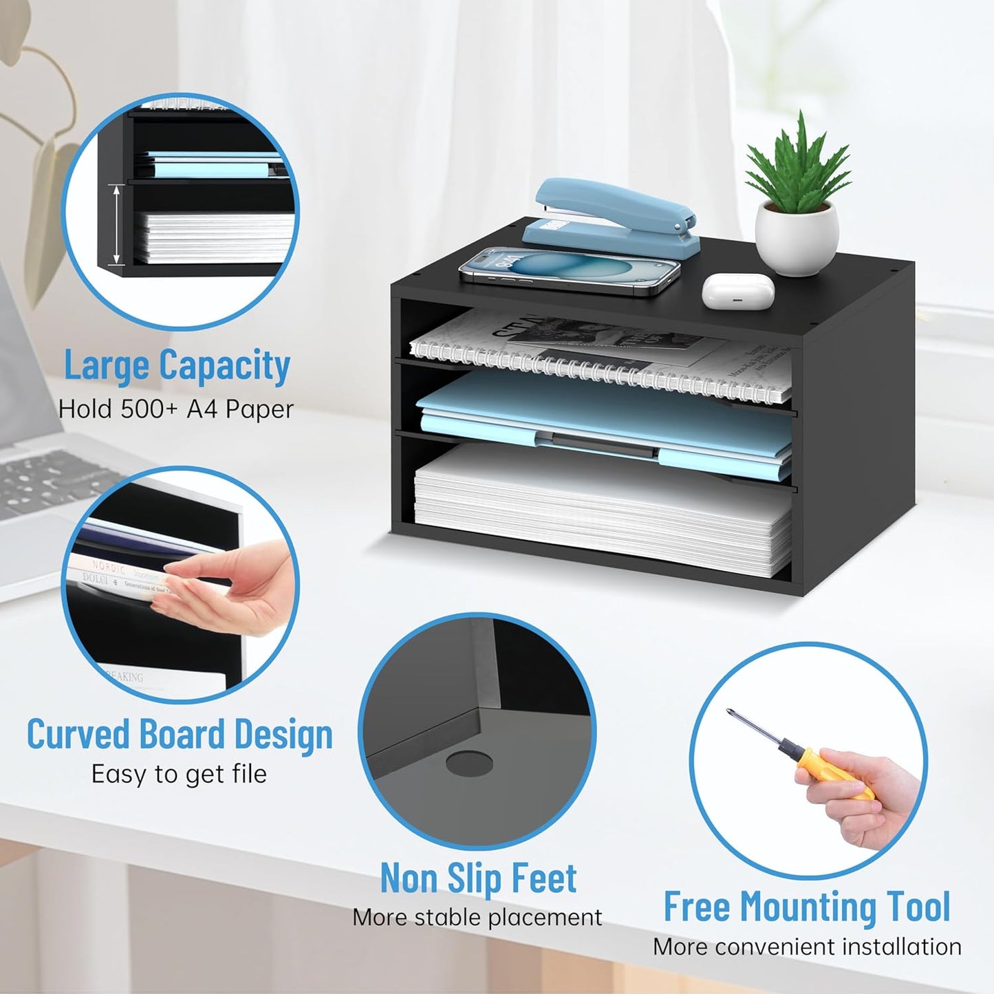 Wood Desk Organizer, 3 Tier Paper Tray Organizer for Desk with Adjustable Storage Shelves, Desktop Paper Sorter Mail Holder for Office Home Classroom, Black