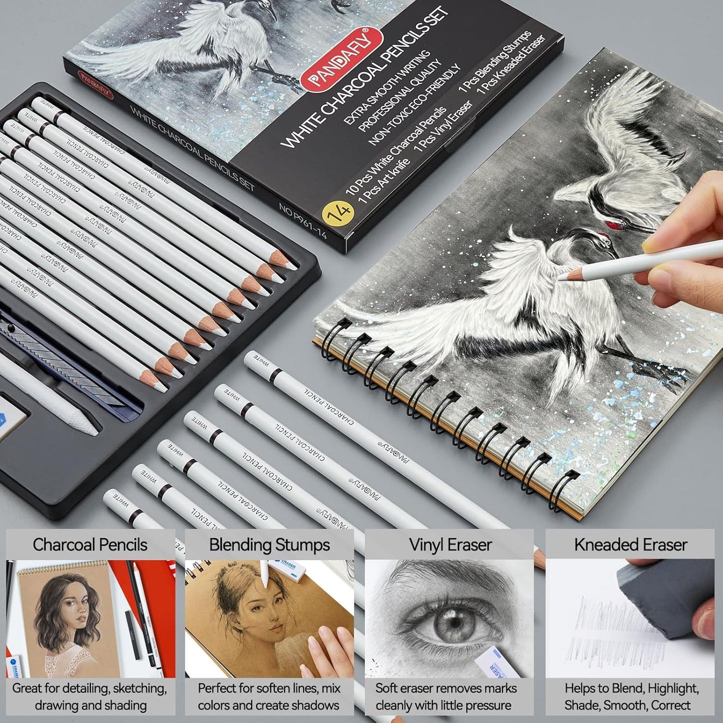 PANDAFLY White Charcoal Pencils Set, Professional 14 Piece Charcoal Pencils for Drawing, Sketching, Shading, Blending, White Chalk Pencils for Kid, Beginners & Pro Artists