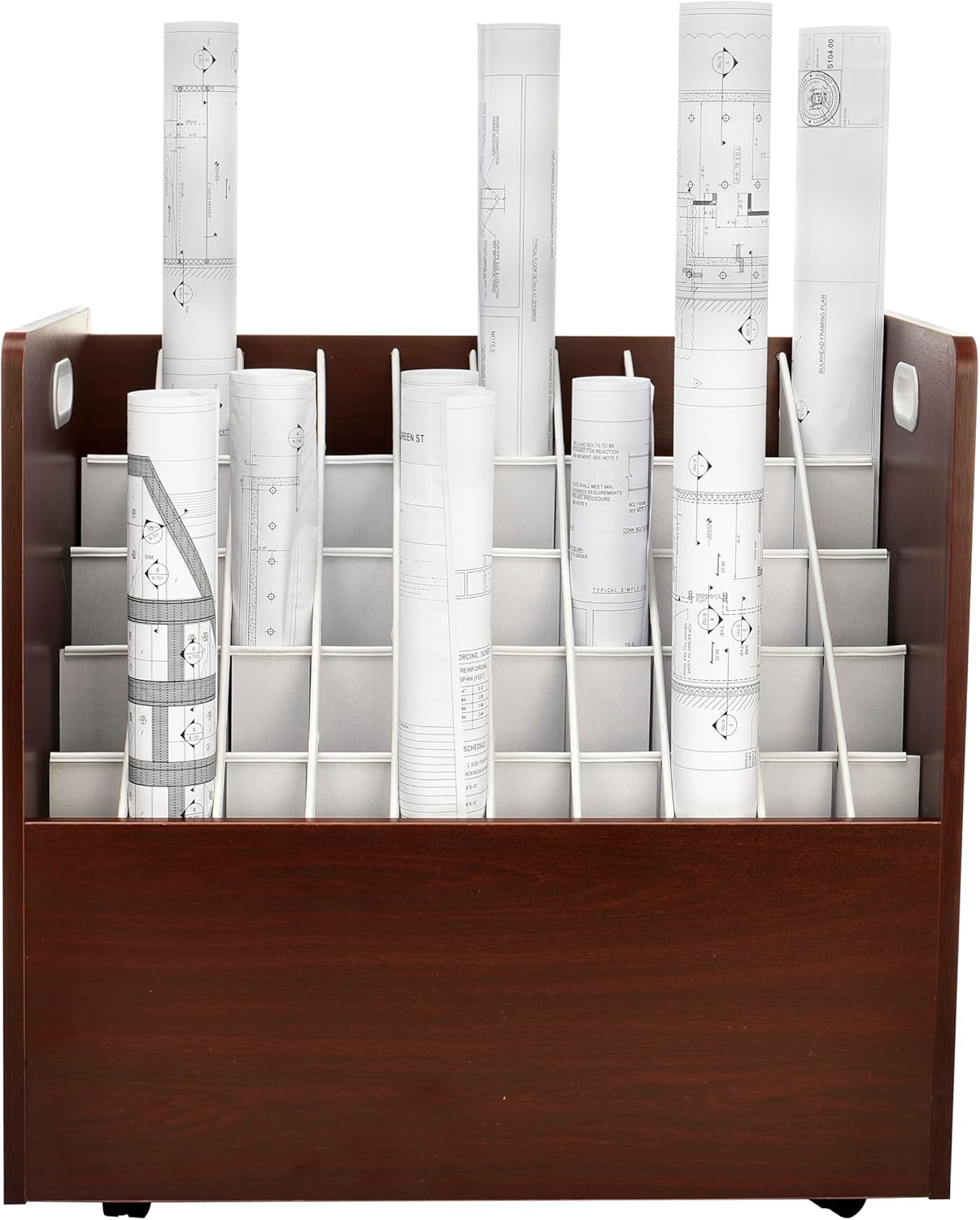 Adir Blue Print Storage Organizer - Mobile Roll File Cart, Construction Plan Holders, Blueprint Cabinet with Wheels, Roll Files Storage for Office and Home (50 Slots, Mahogany)