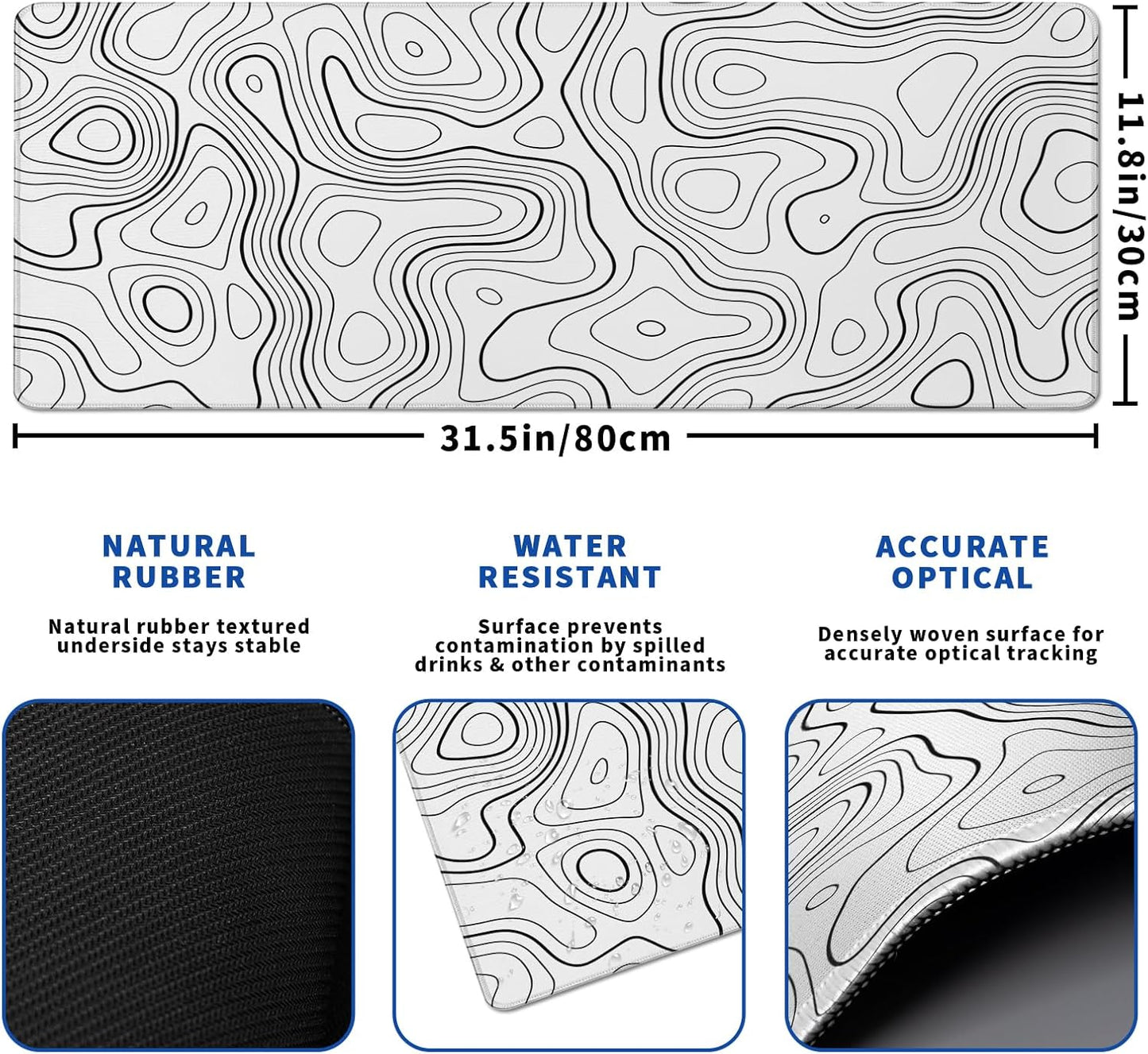 Topographic Contour Gaming Mouse Pad White Large Mouse Pad for Keyboard and Mousepad Desk Mat with 3mm Non-Slip Base and Stitched Edge for Gaming and Office Computer Mat Protector Mat 31.5x11.8 Inch