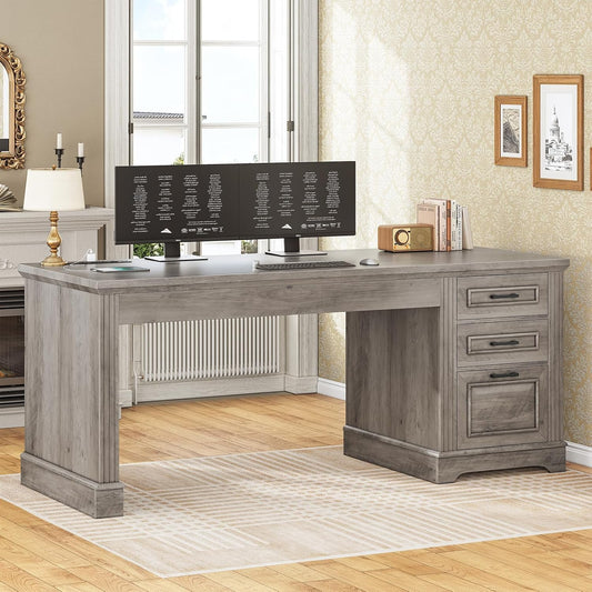 SEDETA Executive Office Desk with 3 Drawers, Farmhouse 55" Computer Desk with Storage File Drawers & Power Outlet for Home Office, Grey