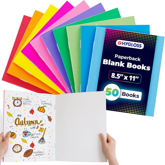 Hygloss Blank Books 8.5 x 11 Inches - 50 Pack - Assorted Colors Paperback for Drawing & Writing - Empty Books for Journaling, Sketching or Arts & Craft