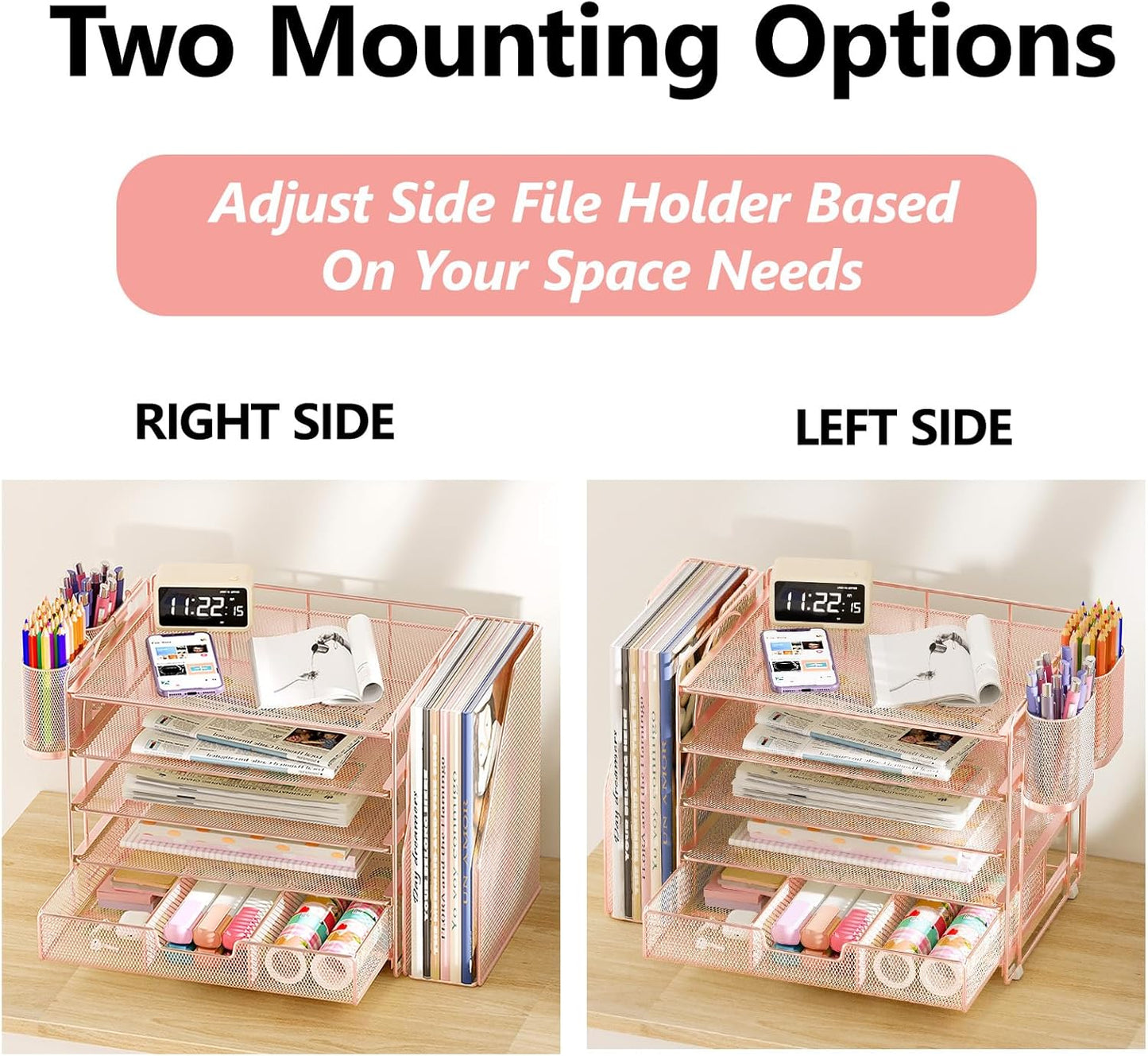 Desk Organizers and Accessories, 5-Tier Paper File Organizer with Drawer & Pen Holder, Office Desk Accessories Workspace Desktop Organizer for Office Supplies (Rose Gold)