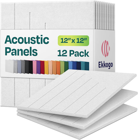 Acoustic Panels 12-Pack Soundproof Wall Panels 12"x12"x0.4" Decorative Sound Dampening for your Home, Office, Studio, Bedroom & More with Unique LineWave Carving [White]