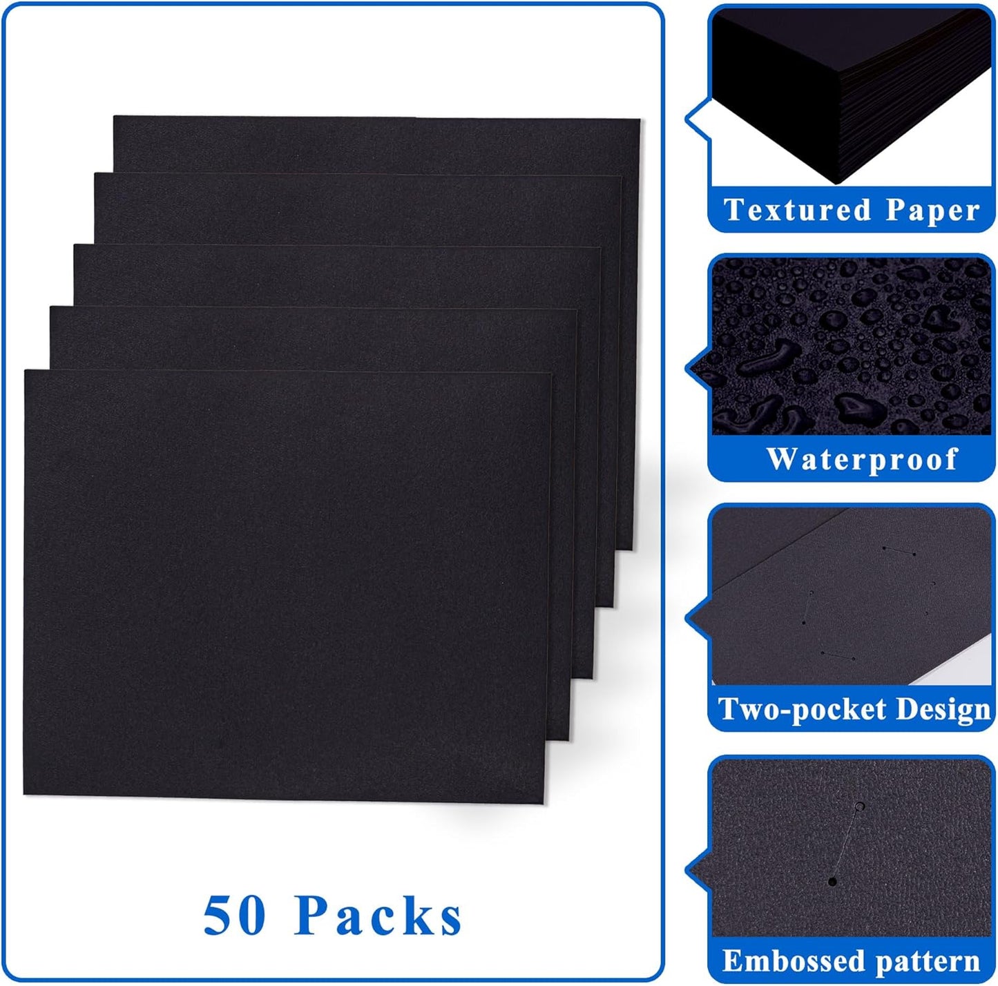Zzrywuty 50 Packs Two Pocket File Folders with Business Card Slot,Textured Paper,Letter Size,Holds 100 Sheets for School,Office,Business,Black