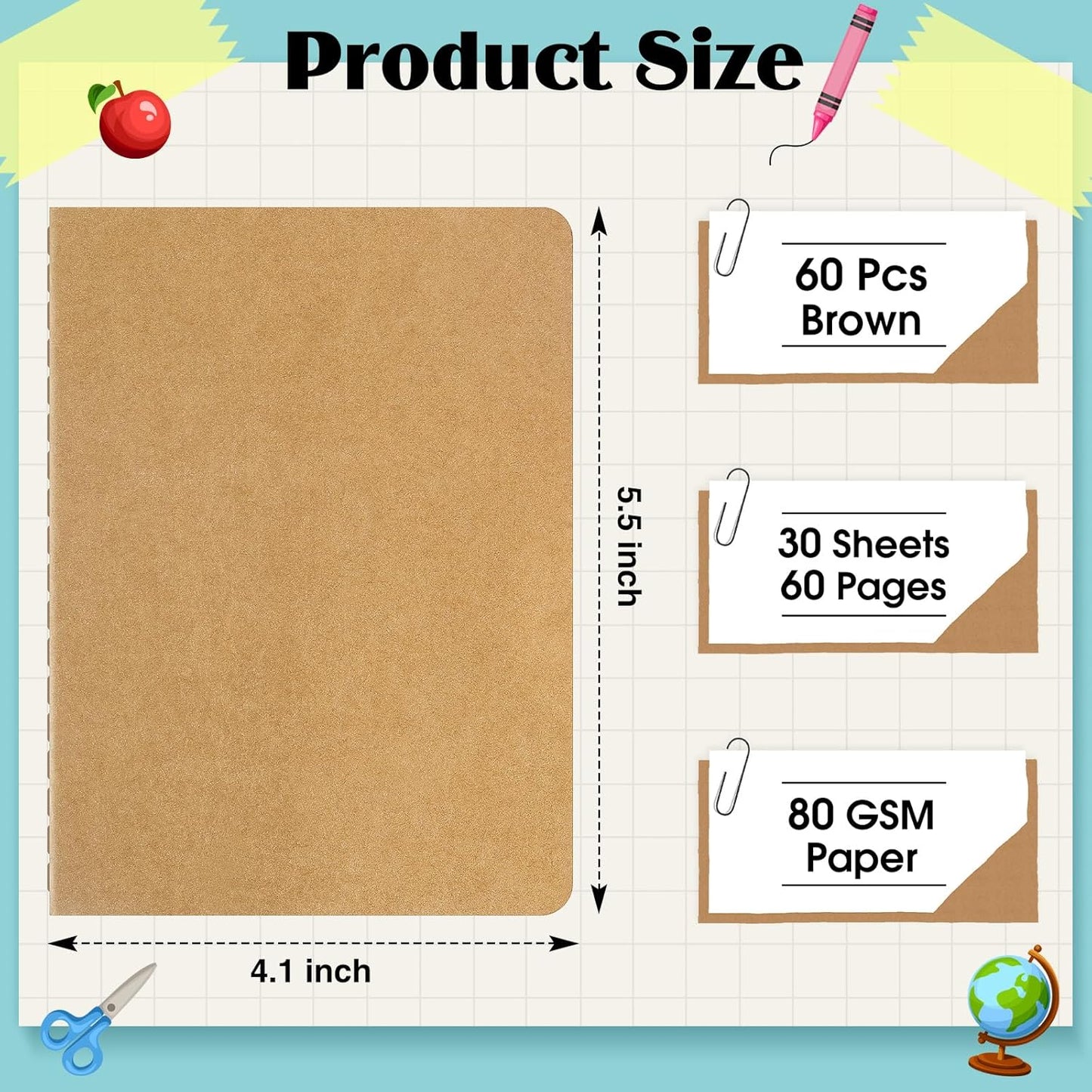 Colarr 60 Pcs Mini Notebooks 5.5 x 4 Inch 30 Sheets Small Journal Bulk Blank Lined Notebook Small Kraft Paper Book Bulk Student Classroom Office Back to School Supplies(Brown)