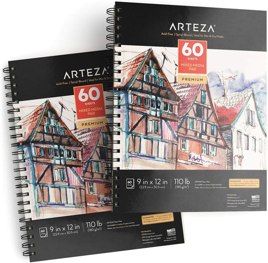 ARTEZA Mixed Media Sketchbook, 9x12 Inches – 2-Pack, 60 Spiral-Bound Sheets, 110 lb Acid-Free Paper for Wet & Dry Media: Acrylic, Ink, Pencil & More