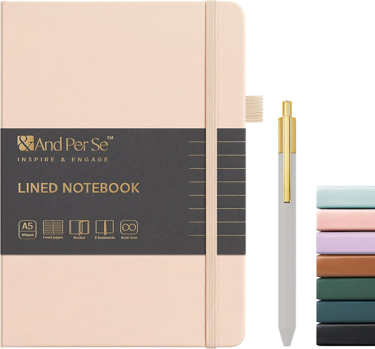 A5 Lined Leather Journal and Pen Set, Hardcover Notebook with Pen, 160 Pages 100gsm Thick Ruled Paper for for Women Men Work Business School or Home Writing, 5.7'' x 8'' (Light Apricot)