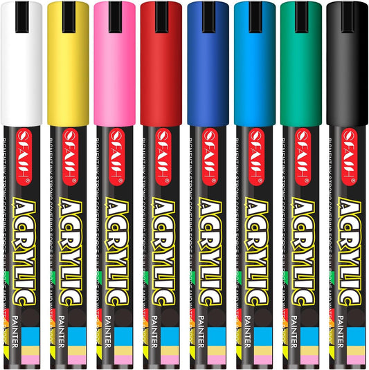 SFAIH Acrylic Creative Markers - 3mm Replaceable Nibs 8 Colors, Large Ink Capacity, Ultra-High Coverage, Non-Bleeding Water-Based Ink, Drawing Markers for Art Supplies, Wood, Fabric, Rock Painting