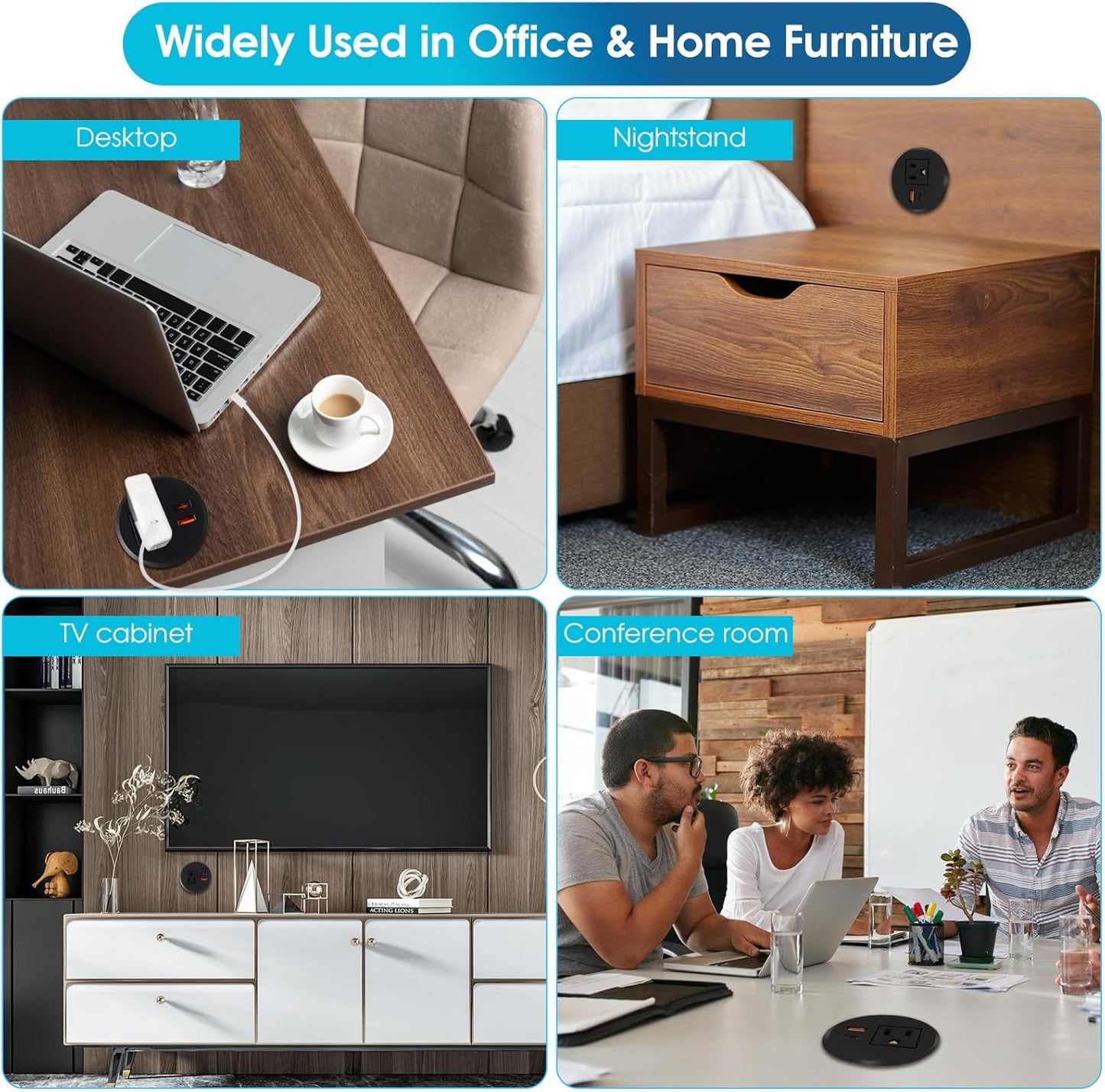 Desk Power Grommet 2.5‘’ Hole, Desktop Power Grommet, USB C 20W Fast Charging Station, Recessed Power Strip for Desk, Furniture, Office Table, Work & Living Space Essential (2 Pack)