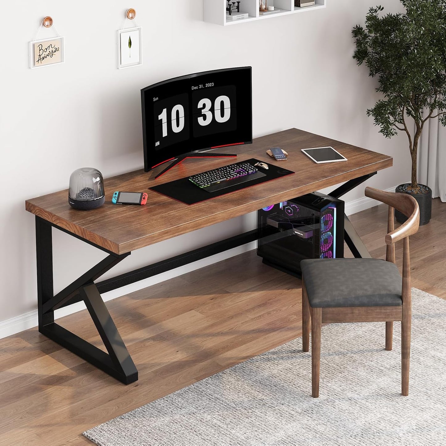 Solid Wood Computer Desk,Rustic Style 55-inch Large Office Desk- Modern Gaming Working for Home Office, Modern Simple Design, Ideal for Study, Writing, Dining