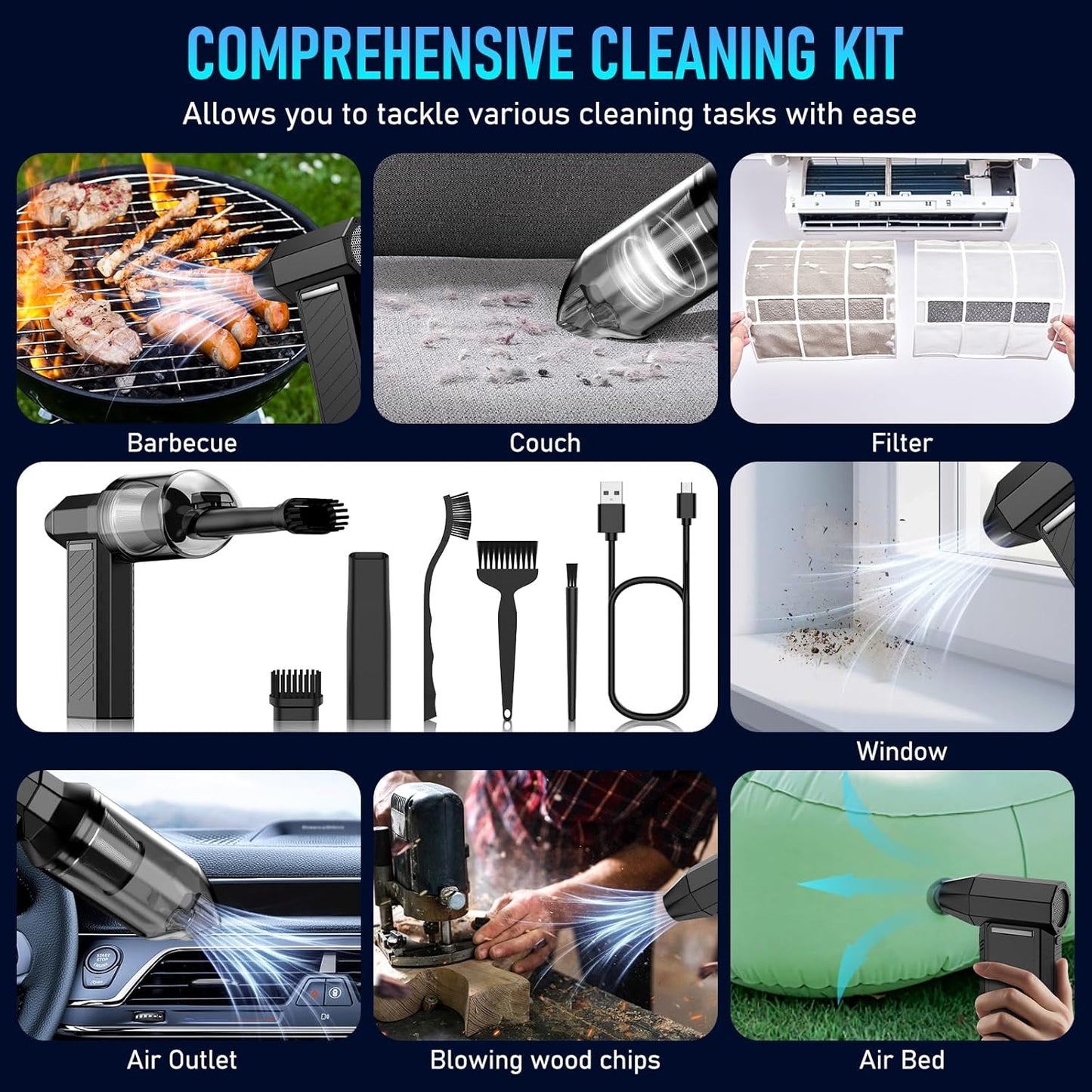 Electric Air Duster - Vacuum 2 in 1 & Cordless 6000mAh Mini Turbo Fan Blower, Keyboard Computer Car Cleaner, Replaces Compressed Air Can, Black(300000RPM)