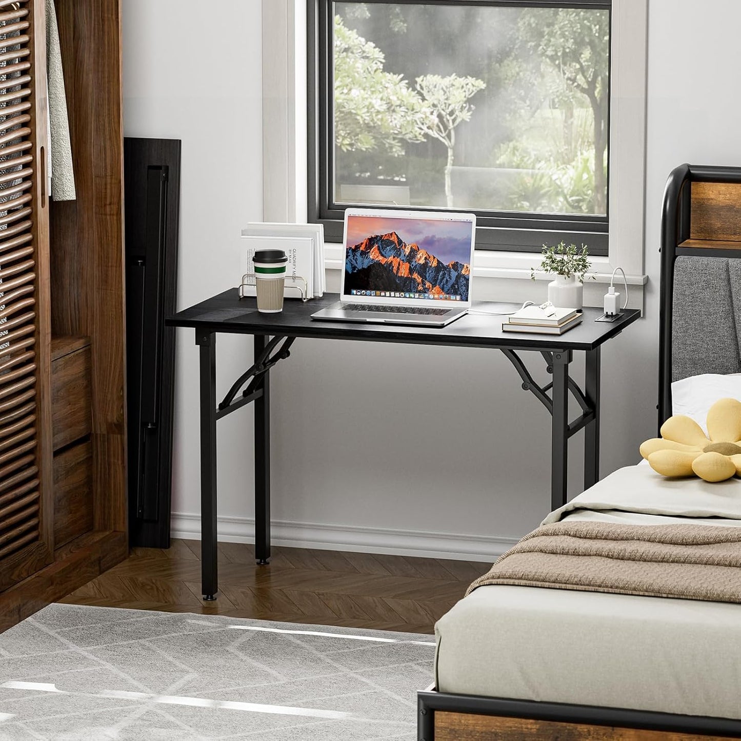 TEMI Small Computer Desk Folding Table - No Assembly, Compact 44.3" Foldable Desk with Power Outlets & USB Charging Port, Portable Small Office Desk, Ideal Mini Study Table, Dark Oak