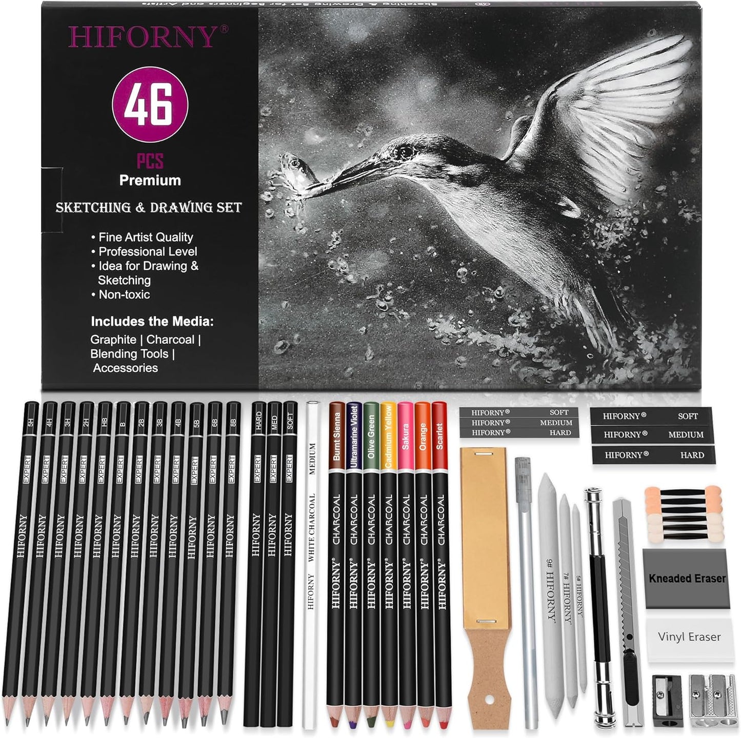 HIFORNY 46 PCS Sketching Drawing Pencil Set,Sketch Pencils Art Supplies with Colored Charcoal Pencils,Graphite,Charcoal,Blending Tools,Accessories,Drawing Kit for Adults Artists