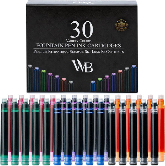 Wordsworth & Black 30 Pack Fountain Pen Ink Refills - Set of 30 Assorted Ink Cartridges - International Standard Size - Length APPR 2.3" - Base Diameter APPR 0.24" - Disposable and Generic