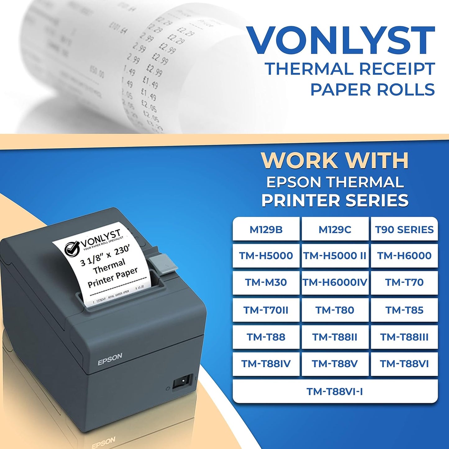 3 1/8 x 230 Thermal Paper Receipt Roll for Epson Printer (Pack 48 rolls)