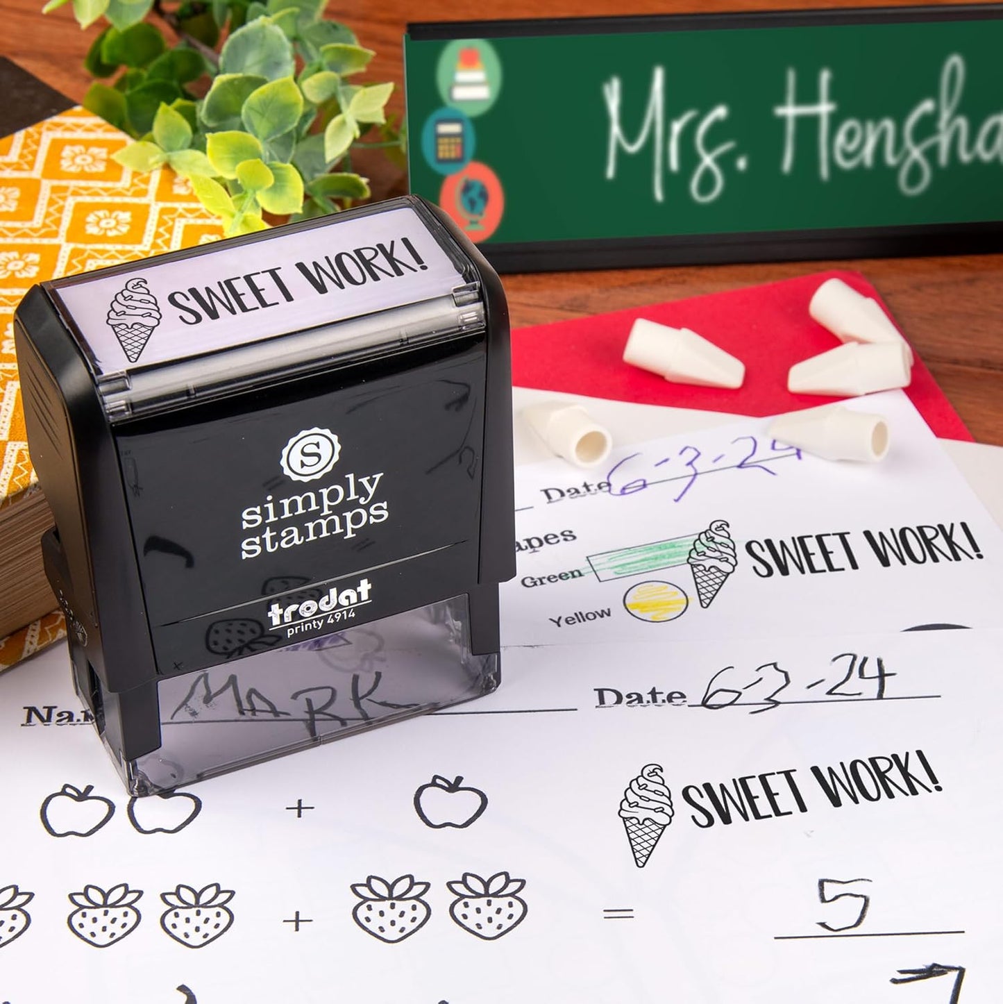 Custom Self-Inking Stamps with 49 Designs - Fun Phrases | Classroom, Library, Book Stamps (Sweet Work!, Xtra Wide)