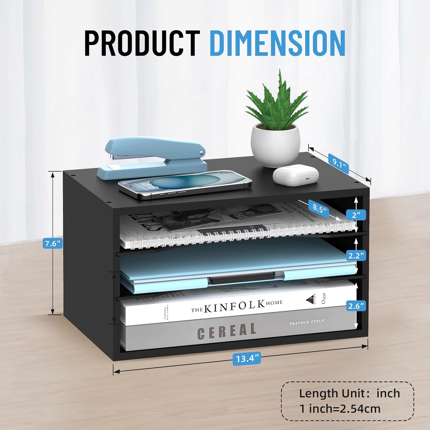 Wood Desk Organizer, 3 Tier Paper Tray Organizer for Desk with Adjustable Storage Shelves, Desktop Paper Sorter Mail Holder for Office Home Classroom, Black