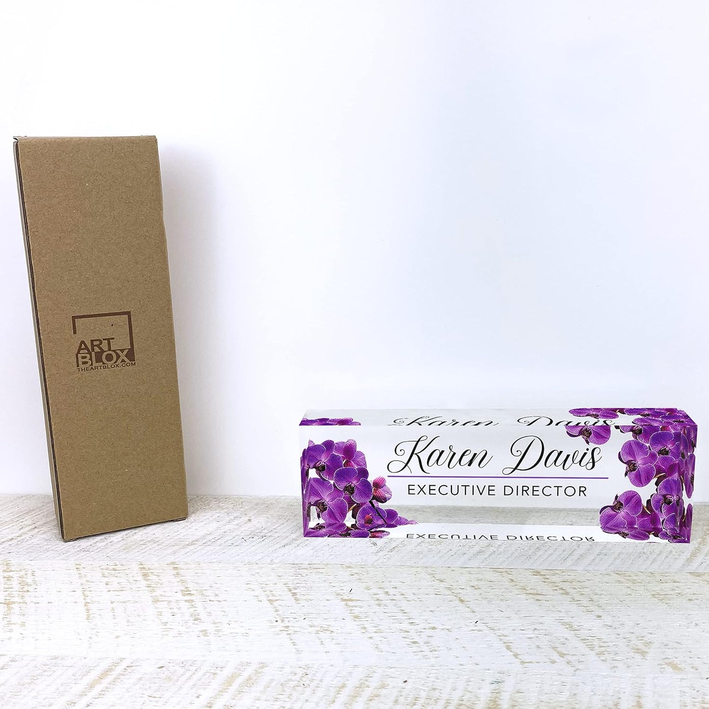Artblox Office Desk Name Plate Personalized | Custom Name Plates for Desks | Purple Orchid Design On Clear Acrylic Glass | Office Desk Decor - (8" x 2.5")