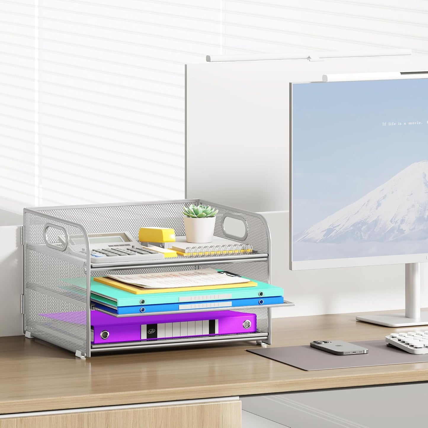 3 Tier Paper Organizer with Handle, Metal Desk Organizer Mesh Paper Letter Tray Desktop File Folder Document Sorter for Classroom, School, Office Accessories Organization and Storage - Silver