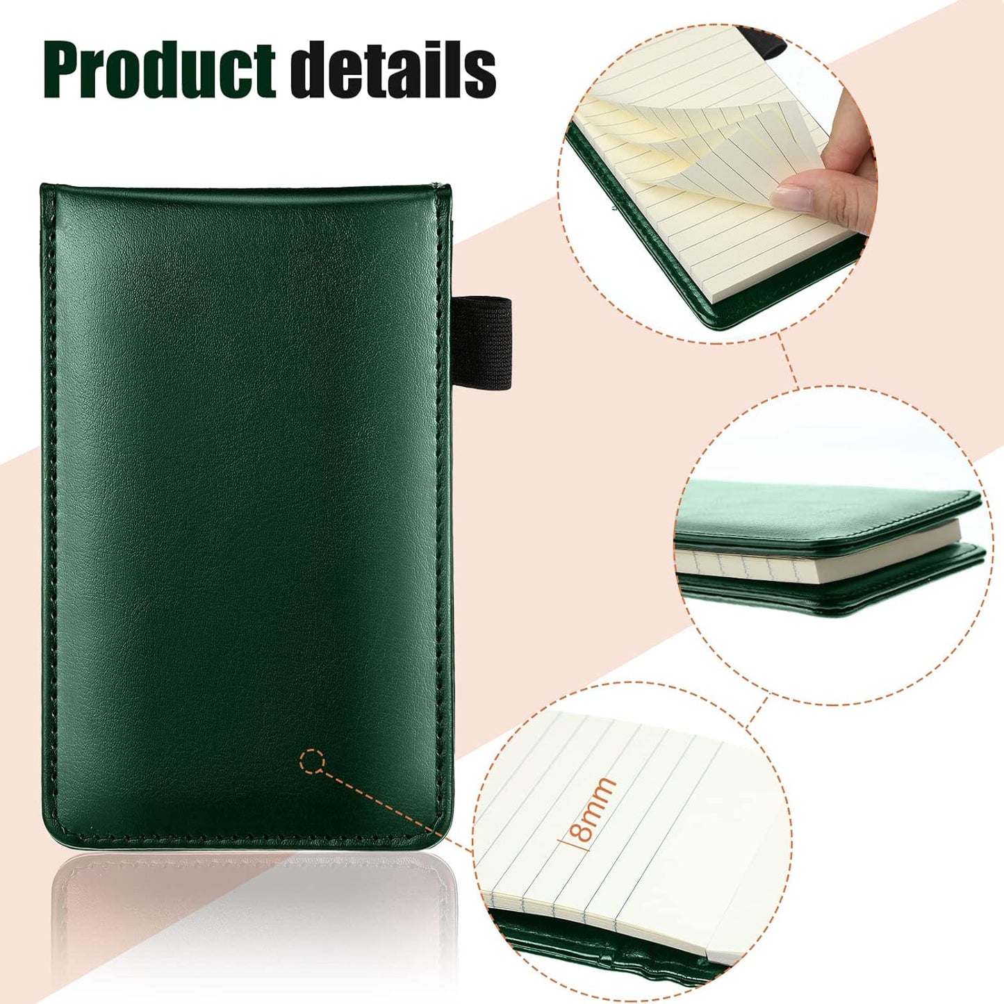 Outus 10 Pcs Pocket Notebook with Pen Set Included Mini Pocket Notepad Holder with 50 Lined Sheets, Metal Pen, 8 Pcs 3 x 5 Inch Memo Book Refills, 30 Lined Paper Per Note Pad (Green)