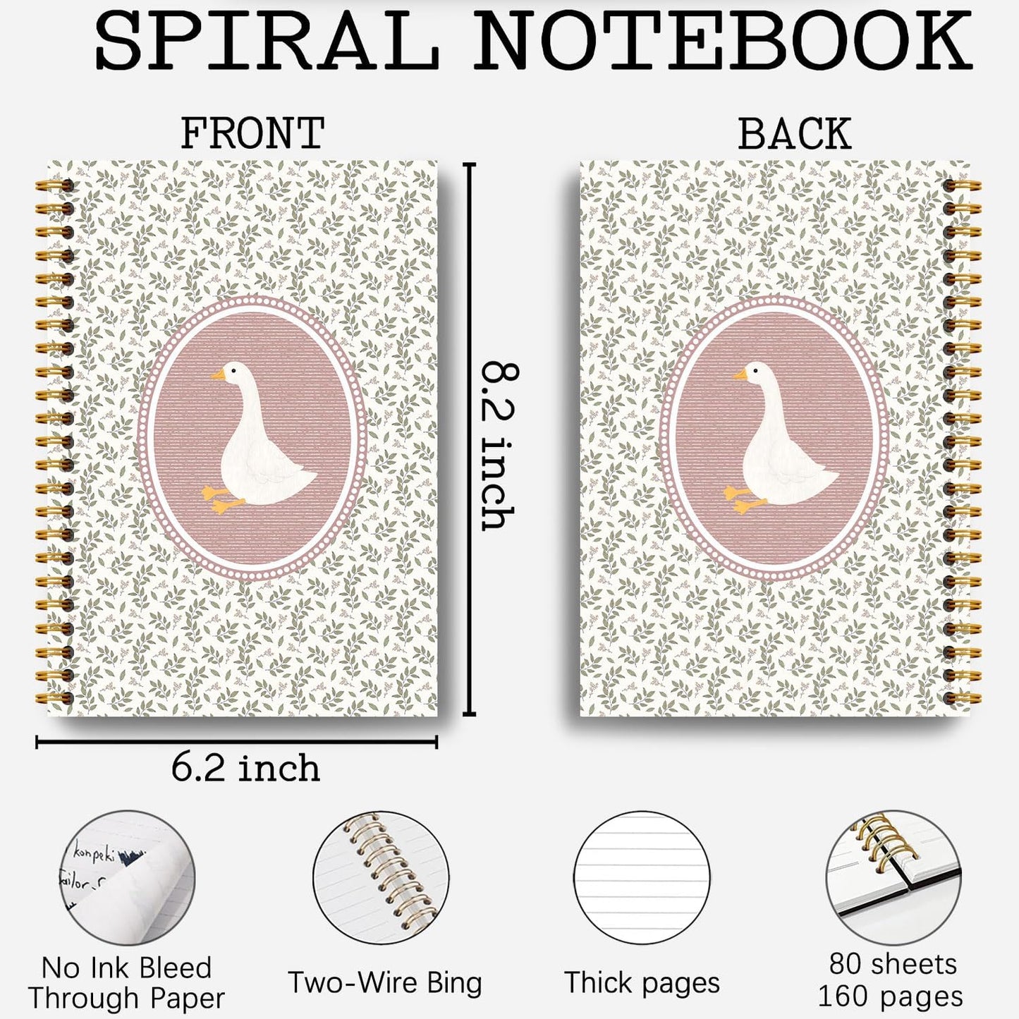 Pink Vintage Goose Notebook, Cottagecore Botanical Goose Journal, Aesthetic Farm Animal Journal, Animal Lover Gifts Hardcover Spiral Notebooks 5.5x8.3 Inch