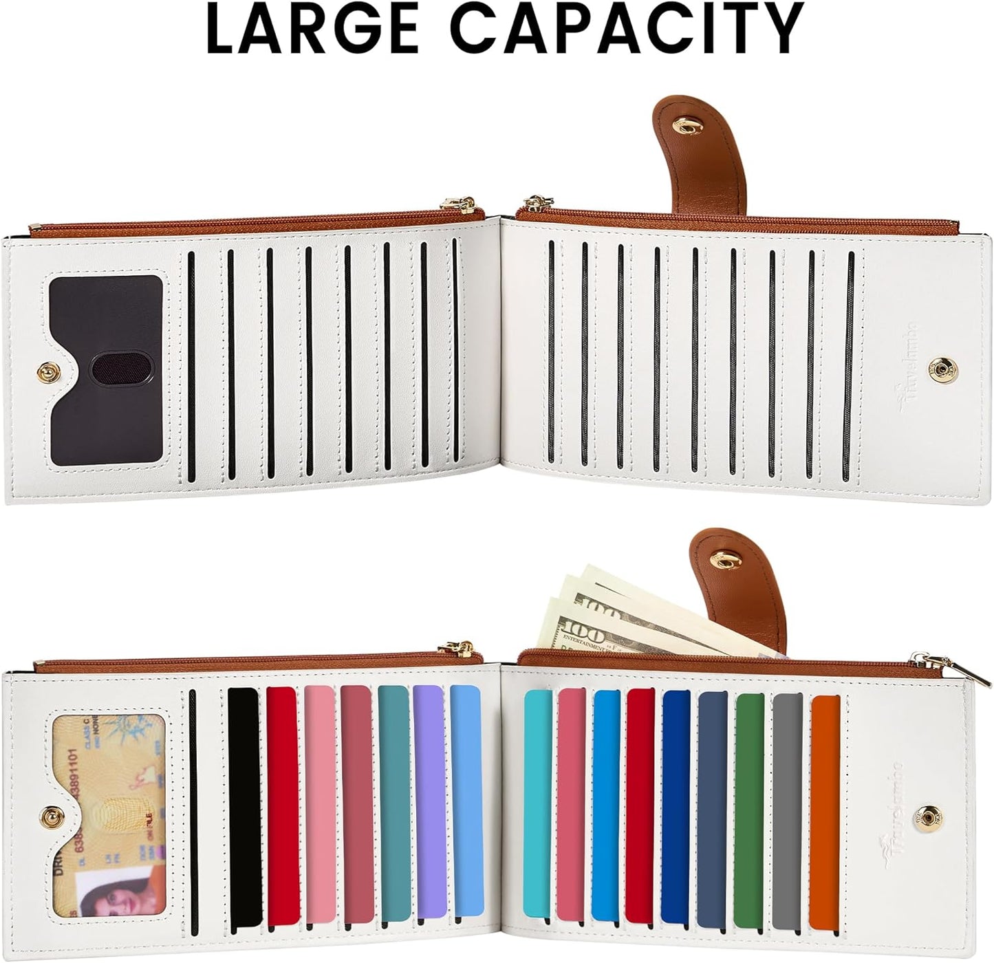 Travelambo RFID Wallet Women Large Size Bifold Multi Card Wallet Case with Zipper Pocke Credit Card Holder for Women