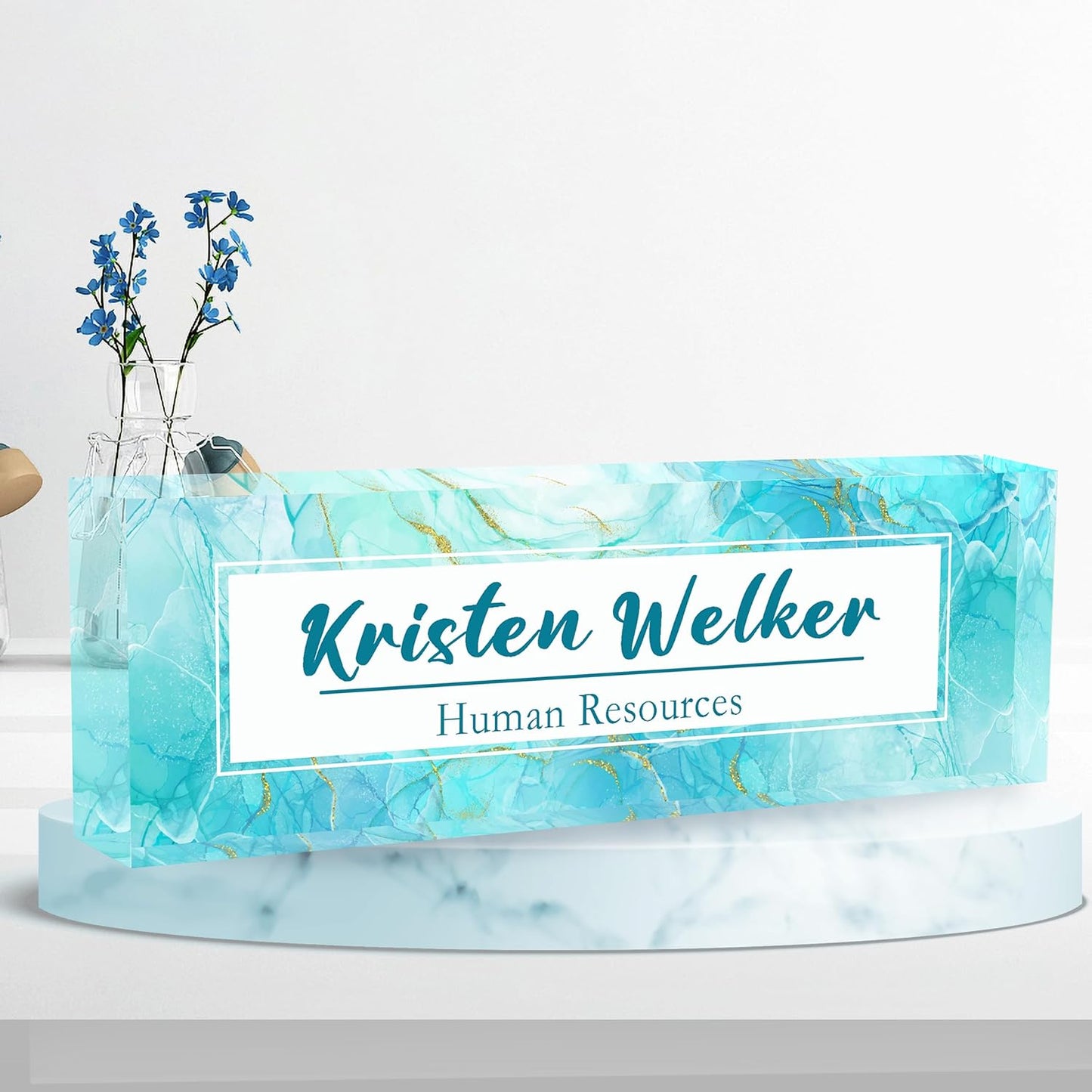 Desk Name Plate Personalized, Premium Gradient Blue Marble Acrylic Desk Name Plate, Personalized Name Plate for Desk, Office Decor for Women or Men Coworkers, Boss, Employee, Teacher