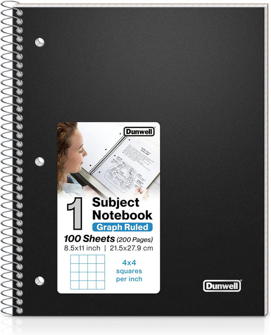 Dunwell Graph Paper Notebook 8.5 x 11 (Black) Plastic Cover, 100 Sheets (200 Pages), 4x4 Squares, 1 Subject Graph Paper Spiral Notebook, 1/4" Grid, Pocket Divider, Easy Tear-Off, 3-Hole Punched