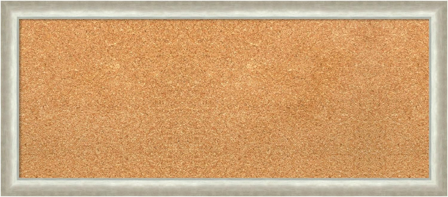 Amanti Art Natural Cork Board for Wall, 14x32 Vision Board with Silver Wood Frame, Medium Corkboard Office Decor for Home Organization, Modern Contemporary Corkboard Pinboard to display items for home