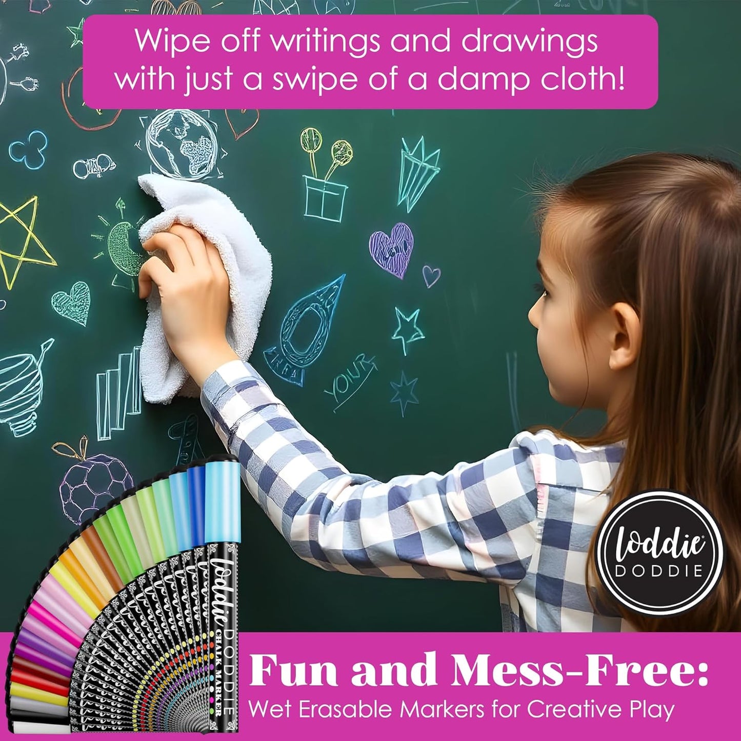 Loddie Doddie Chalk Markers - 24-Pack, 6mm Reversible Bullet & Chisel Tip - Dust-Free, Erasable Liquid Chalk Markers - Versatile for Windows, Glass & Chalkboard Surfaces