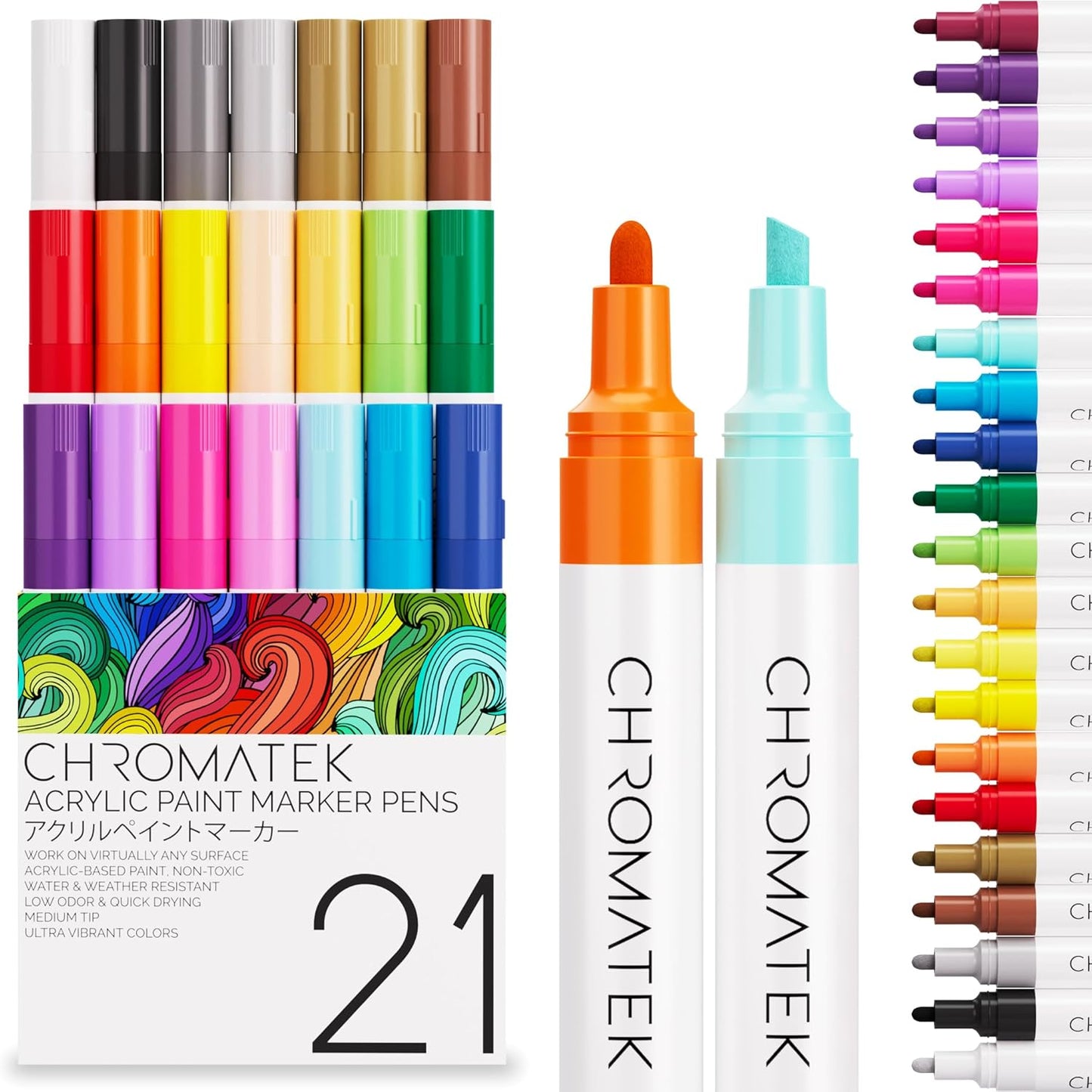 CHROMATEK Dual Tip Acrylic Paint Markers - 21 Colors Premium Paint Pens for Canvas, Rock Painting, Glass, Wood, Ceramic, DIY Crafts Art Supplies - Waterproof, Quick Drying with Video Tutorials & Ebook