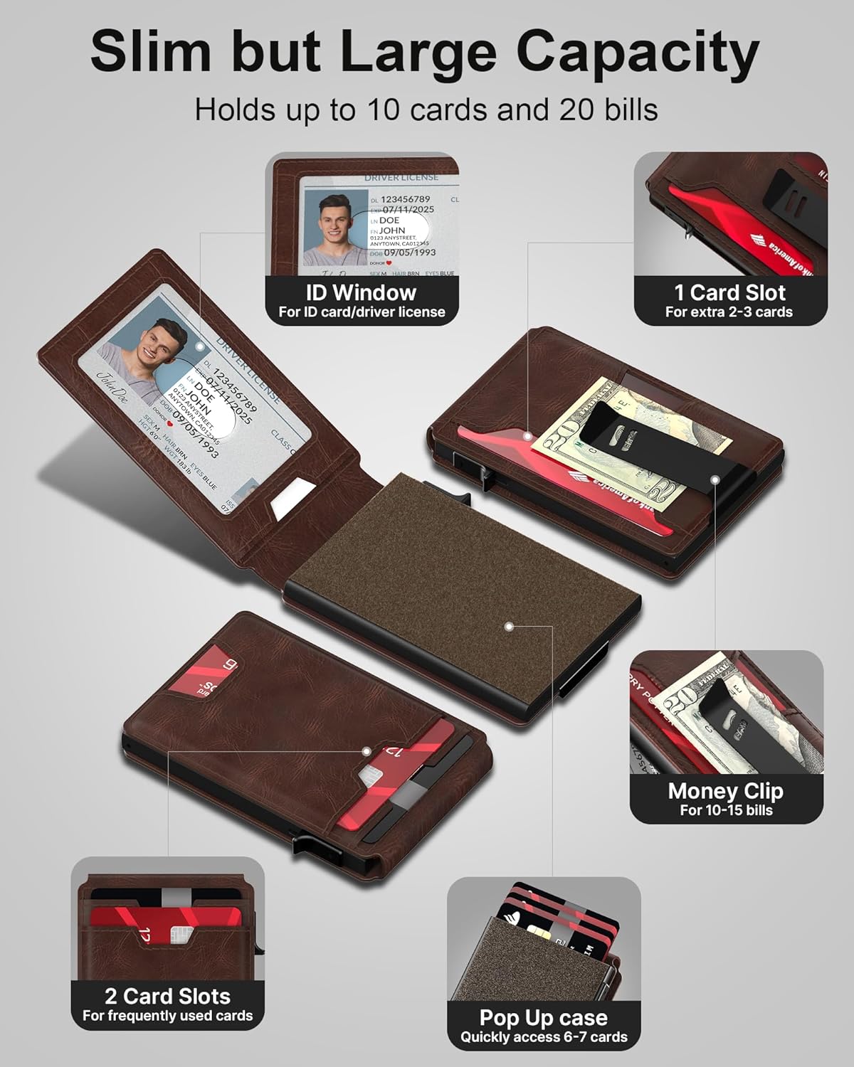 typecase Mens Wallet Card Holder: Pop Up Card Case, Genuine Leather, Smart, RFID Blocking, Slim, Minimalist, Thin, Front Pocket - 9-13 Card Capacitiy | ID Window | Money Clip (Brown)