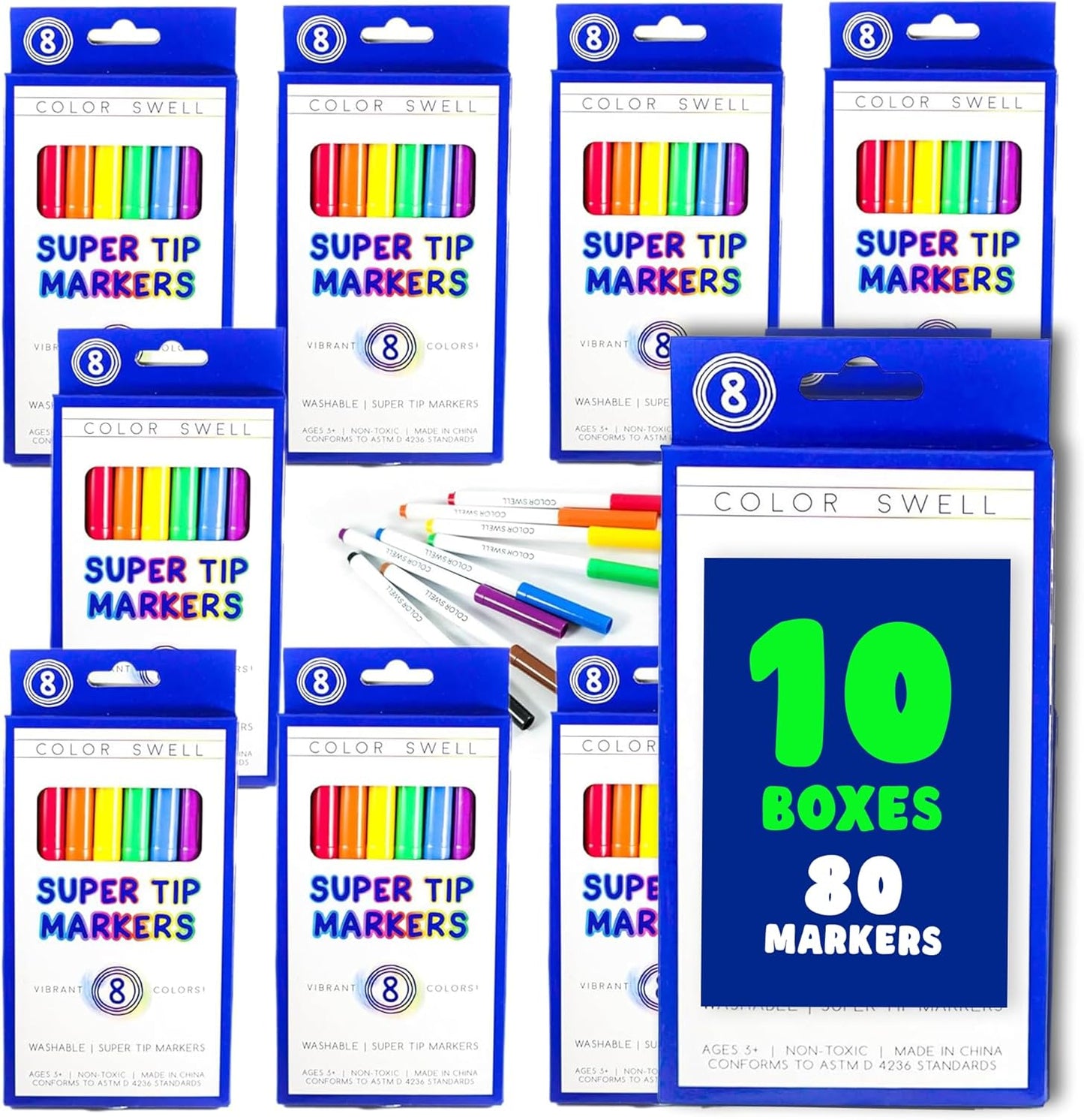 Color Swell Super Tip Washable Bulk Marers Pack 10 Boxes of 8 Vibrant Colors (80 Total)
