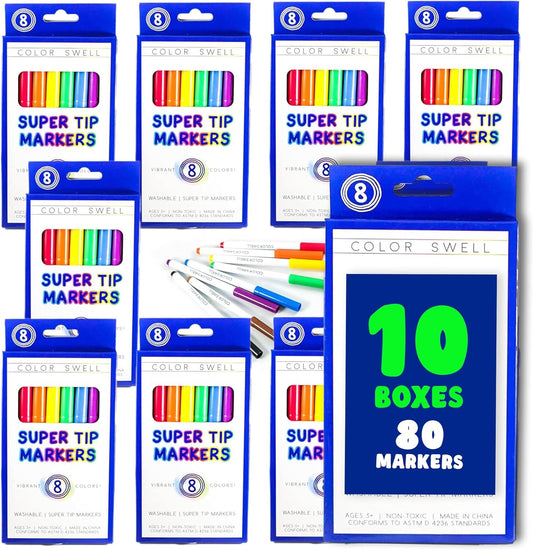Color Swell Super Tip Washable Bulk Marers Pack 10 Boxes of 8 Vibrant Colors (80 Total)