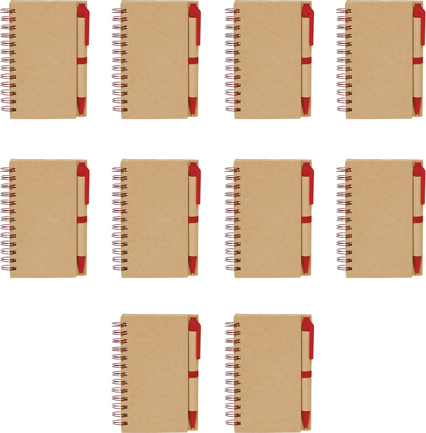 Mini Spiral Notebooks with Black Ink Pens Set of 10, Bulk Pack - Perfect for School, Office, Business, Home - Red