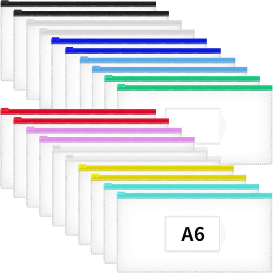 JARLINK 20 Pcs Poly Zip Envelope, A6 Size (9 x 4.7in) Plastic Zipper Pouches with Label Pocket, 10 Colors, Reusable Clear Pencil Bags for School and Office Supplies