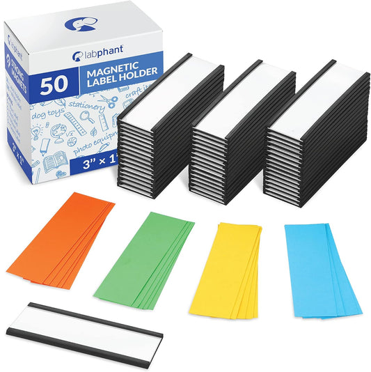 50 Pack "C" Channel Magnetic Label Holders 1x3 with 100 White Card Inserts, 50 Clear Plastic Protectors and Bonus 20 Colorful Cardstock Inserts in Blue, Green, Yellow and Red - Double-Sided Cards
