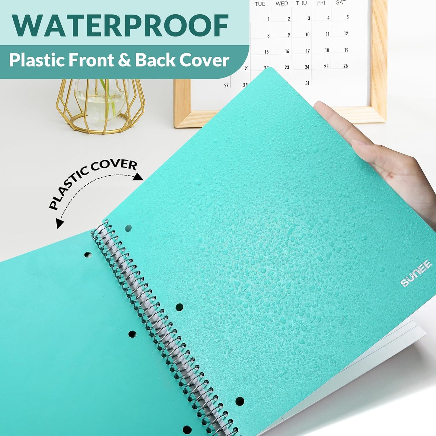 SUNEE 5 Subject Notebook College Ruled - 400 Pages, 9"x11", 5 Pocket Colored Dividers, 3-Hole Punched Paper, Teal
