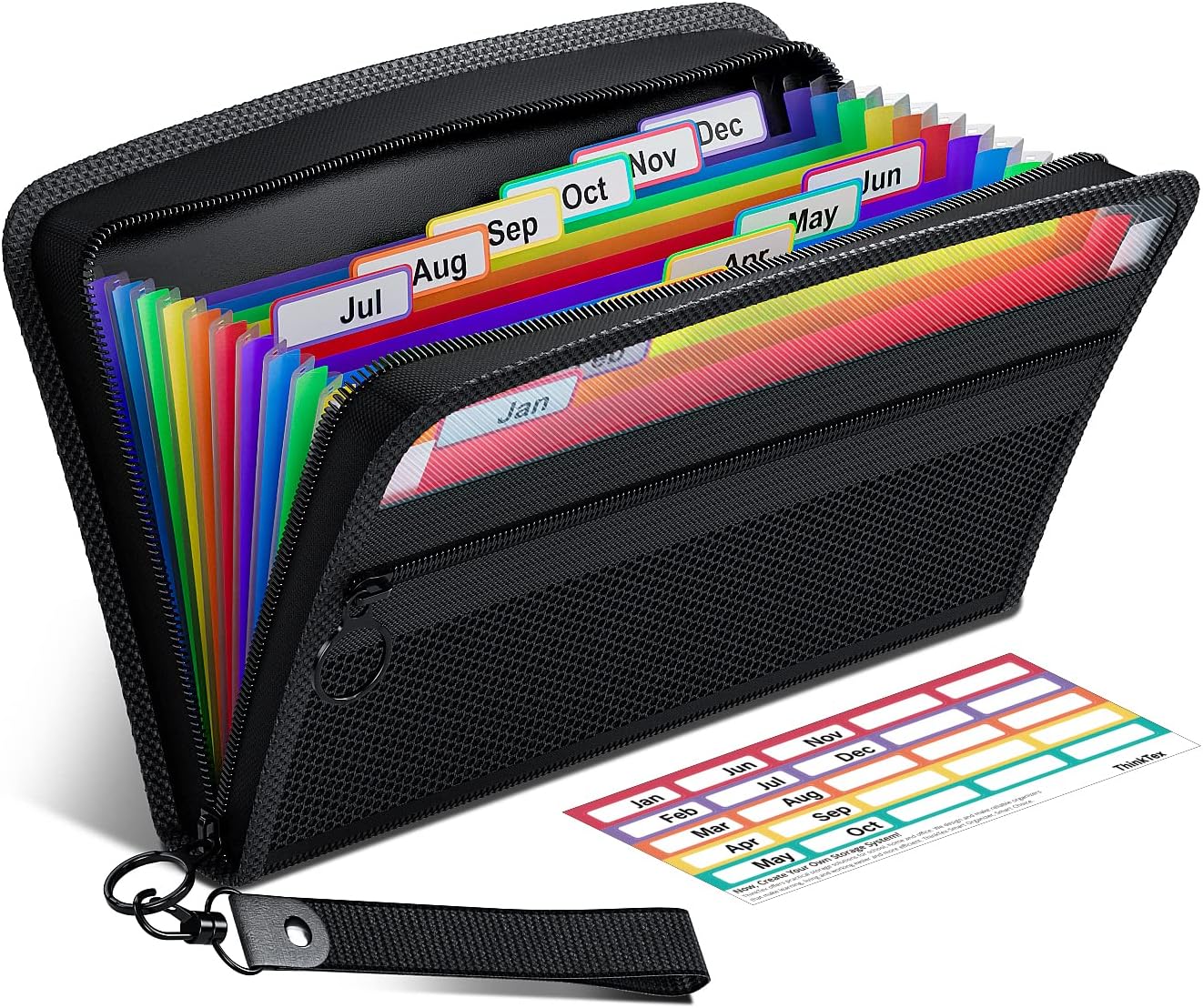 ThinkTex Receipt Coupon Organizer, 12 Pockets Small Accordion File Organizer, Junior Size 11x 6.6 Inches, Zipper Closure, Multi-Color Tabs