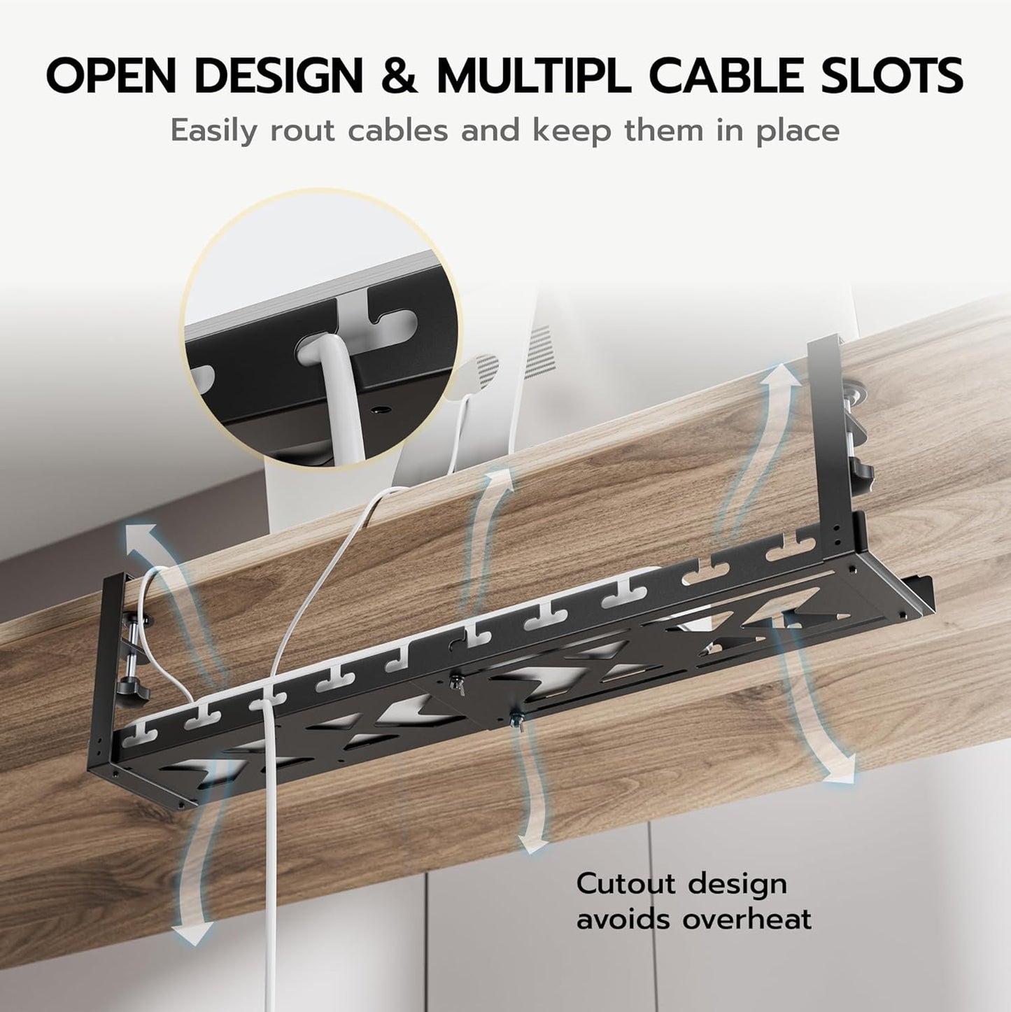 ARES WING 17"-28.7" Extendable Under Desk Cable Management Tray with Cable Slots, Clamp On Cord Organizer Holds Up to 11 lbs, Black Metal Under Desk Storage for Office and Gaming Accessories