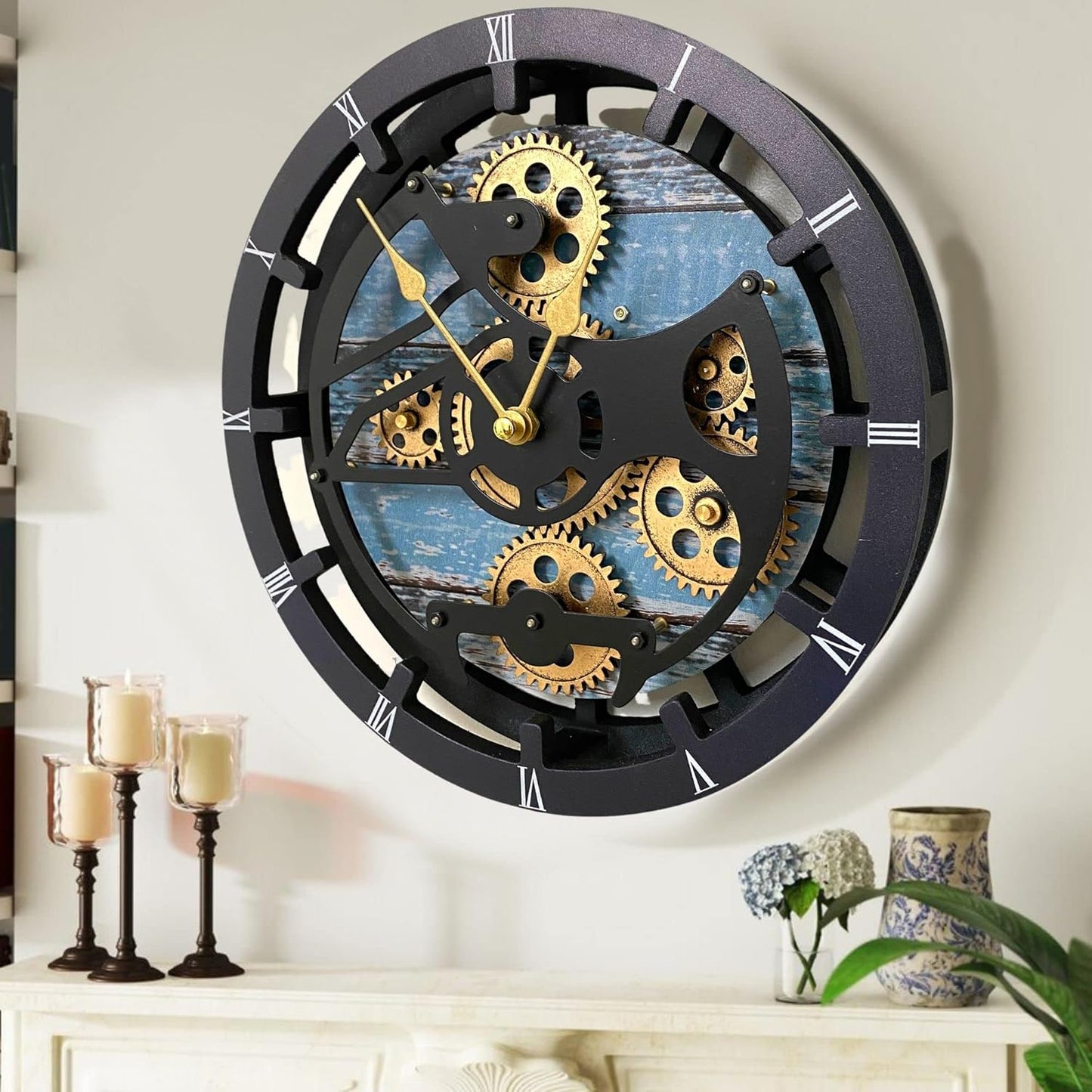 The Gears Clock 16 inches Wall Clock with Real Moving Gears Convertible into a Big Mantel Clock (Aqua Green)