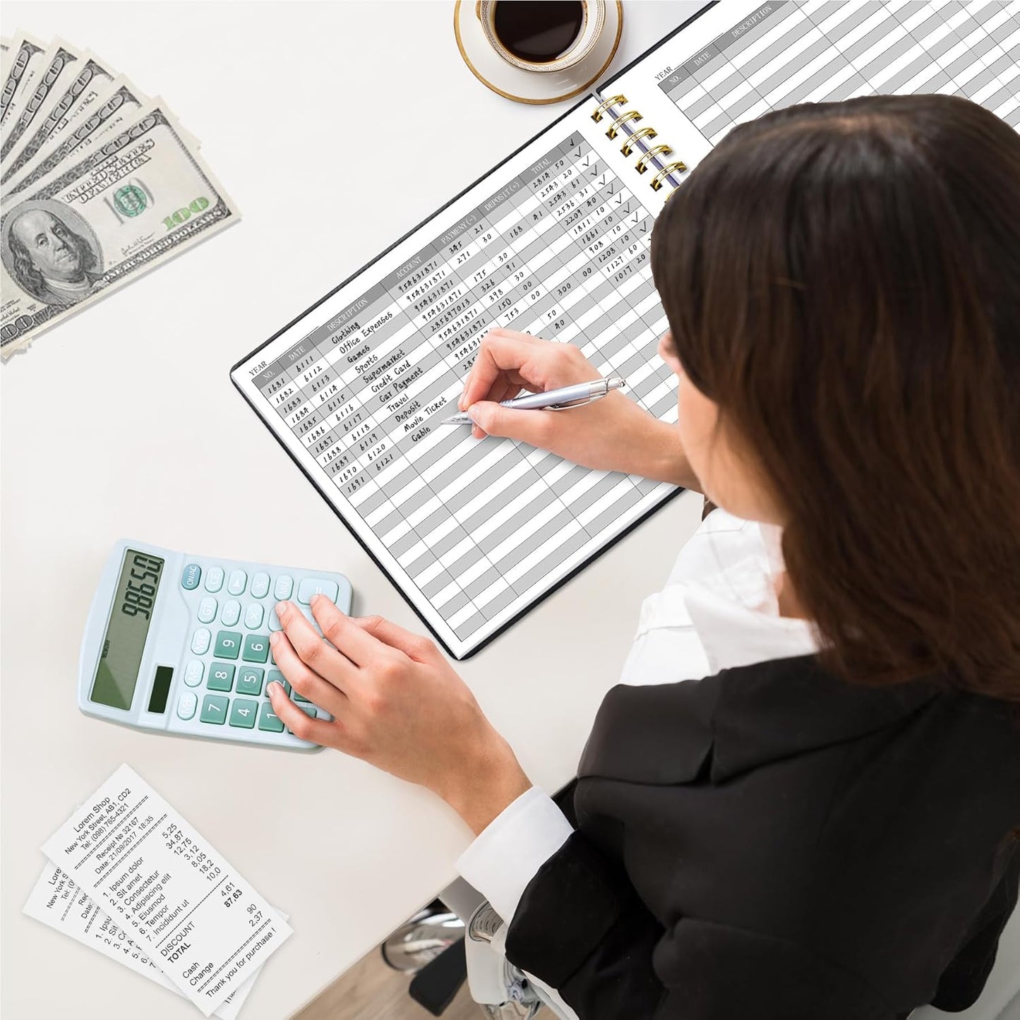 HAUTOCO Hardcover Accounting Ledger Book for Small Business Bookkeeping Horizontal Money Expense Tracker Notebook with 2 Storage Pouch, Personal Columnar Log Journal 10.78 x 8'', Black