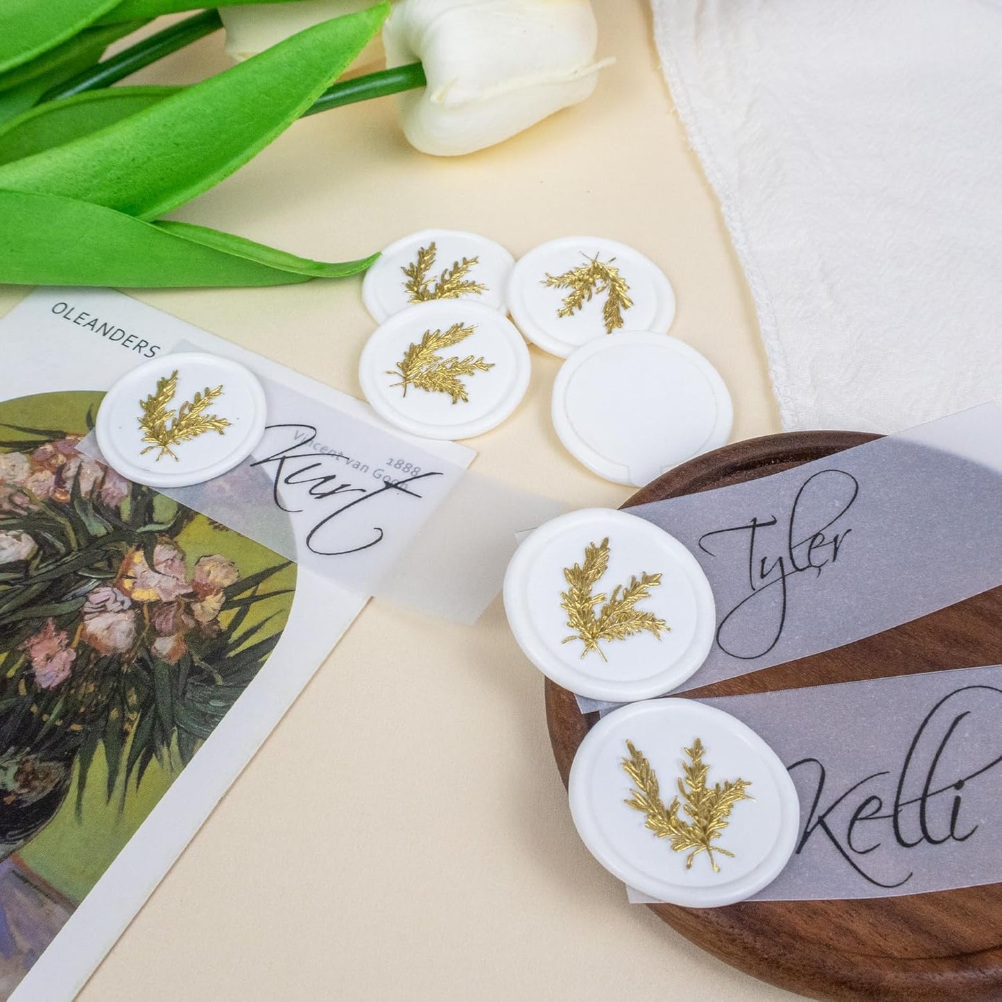 50Pcs Gold & White Wax Seal Stickers - Handmade Self-Adhesive Envelope Seals for Wedding Party Invitations, Gift Wrap, Christmas (Gold Rosemary Style)