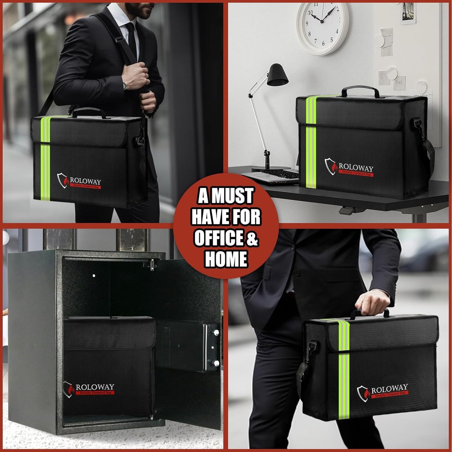 ROLOWAY Large Fireproof Bag 5200°F Heat Insulated (17 x 12 x 5.8 inches) with Reflective Strip, Fireproof Document Bag with Fireproof Money Bag for Cash Safe, Fireproof Safe Bag for Document Safe
