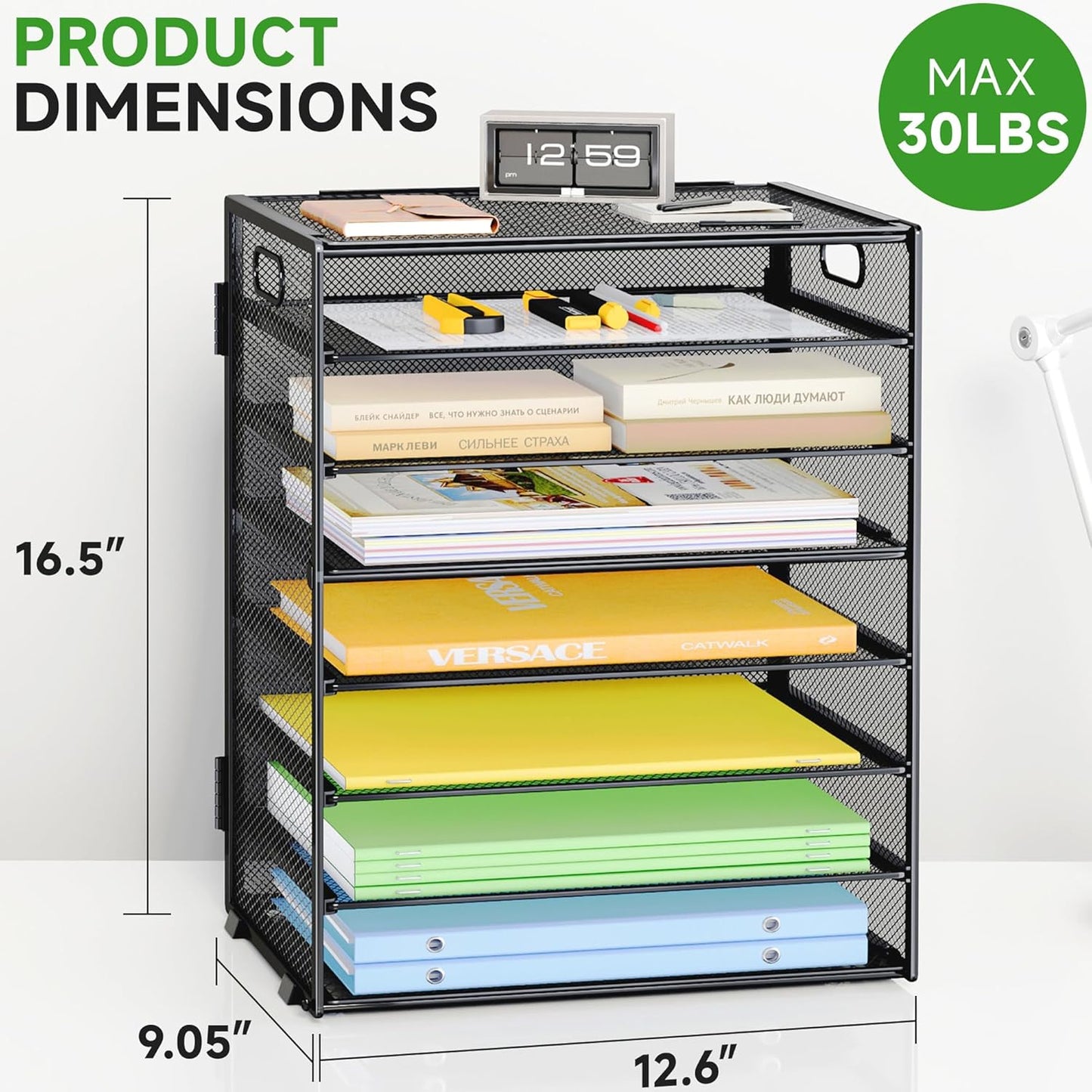 8 Tier Paper Organizer with Handle, Metal Mesh Desk File Organizer, Large Capacity Desk Organizers Paper Letter Tray Desktop Document Sorter for Office, Home or School - Black