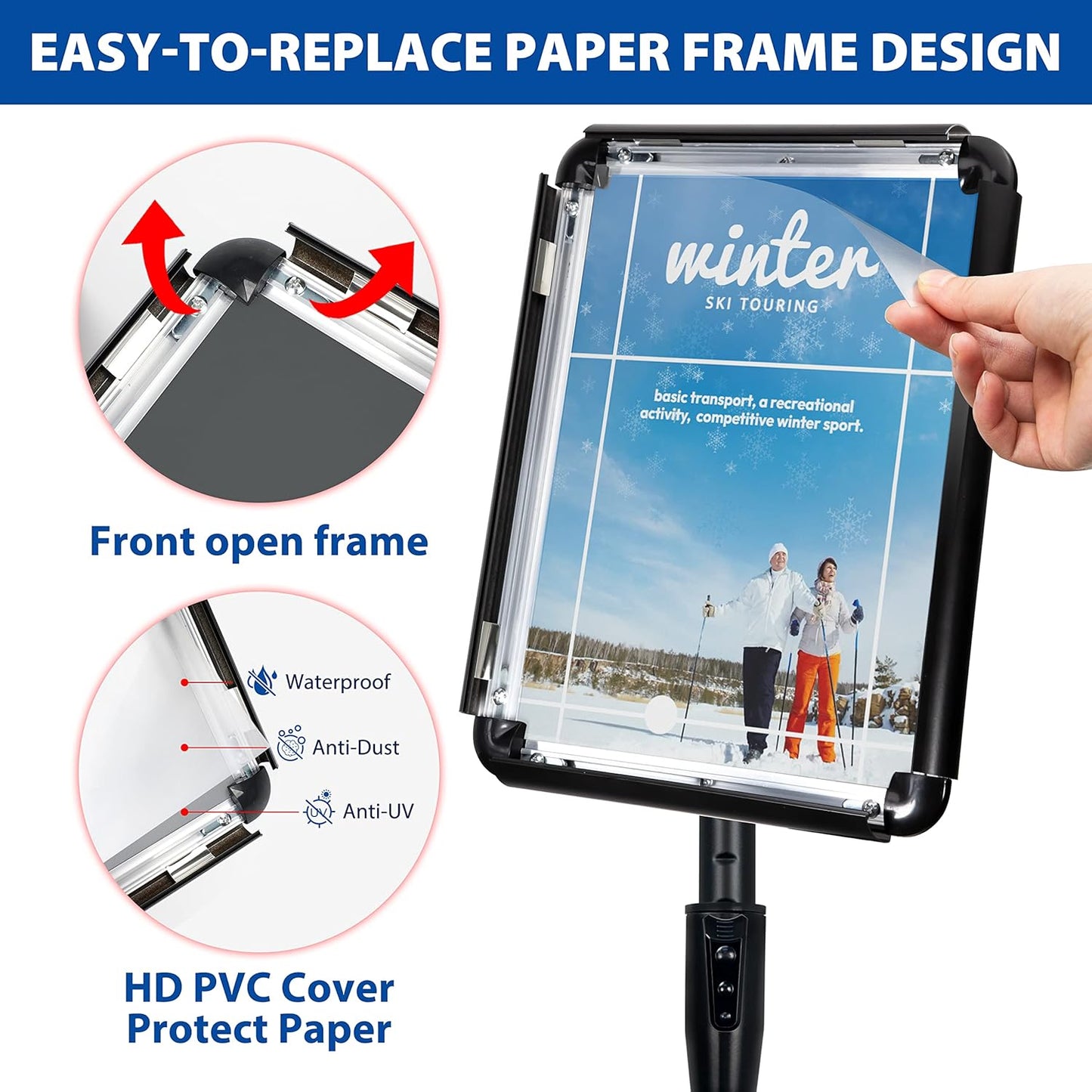 11x17 Inch Adjustable Pedestal Poster Sign Stand, Heavy Duty Floor Standing Sign Holder Stand Aluminum Snap Open Frame for Vertical and Horizontal View Sign Displayed (Black, Round)