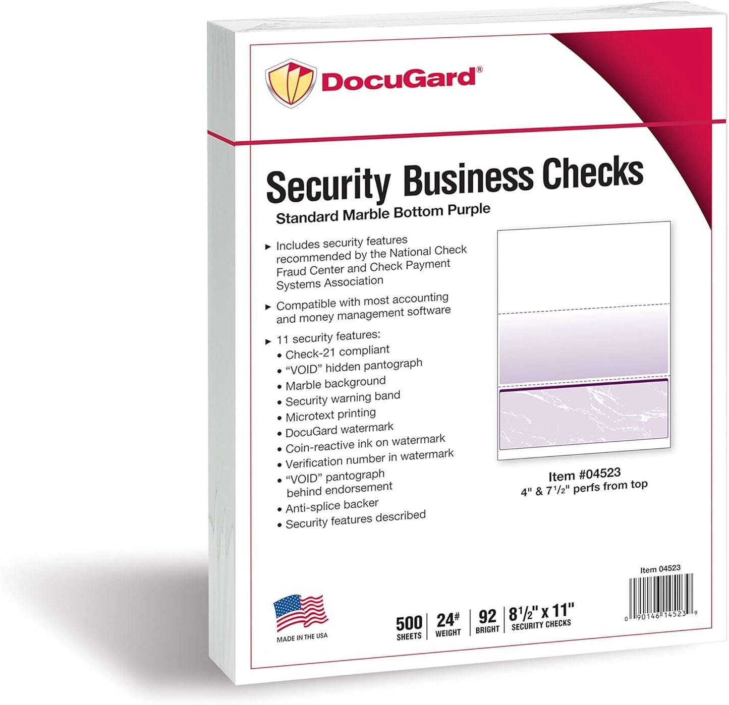 DocuGard Standard Purple Marble Bottom High Security Check Paper - QuickBooks & Laser/Inkjet Printer Compatible - 11 Security Features - 500 Blank Business Checks (04523)