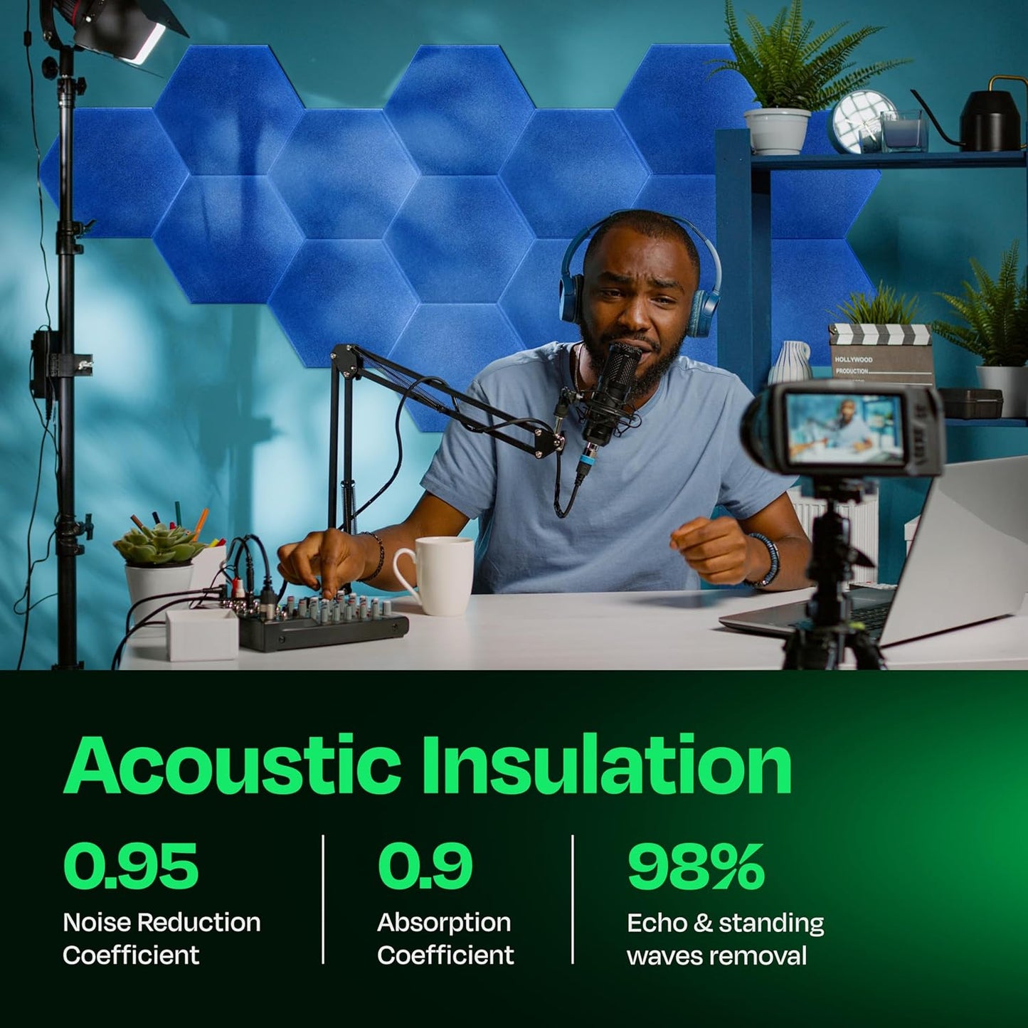 Acoustic Panels 12-Pack - 14"X12.1"X0.4" Soundproof Wall Panels - High Density Sound Dampening - Grand Blue Hexagon