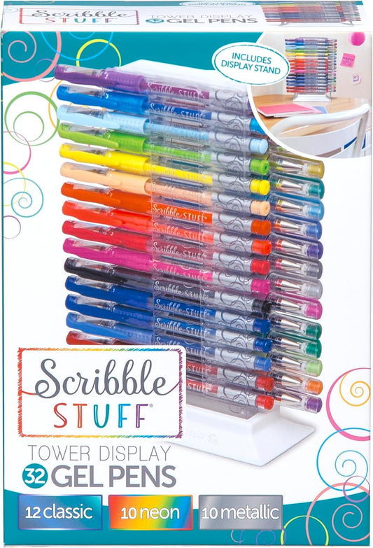Scribble Stuff 32ct Gel Pens Tower, 32 Bright Fun Colors, an Assortment of 12 classic, 10 neon and 10 metallic fashion ink colors in display stand. Great for Kids,Teens and Adults!